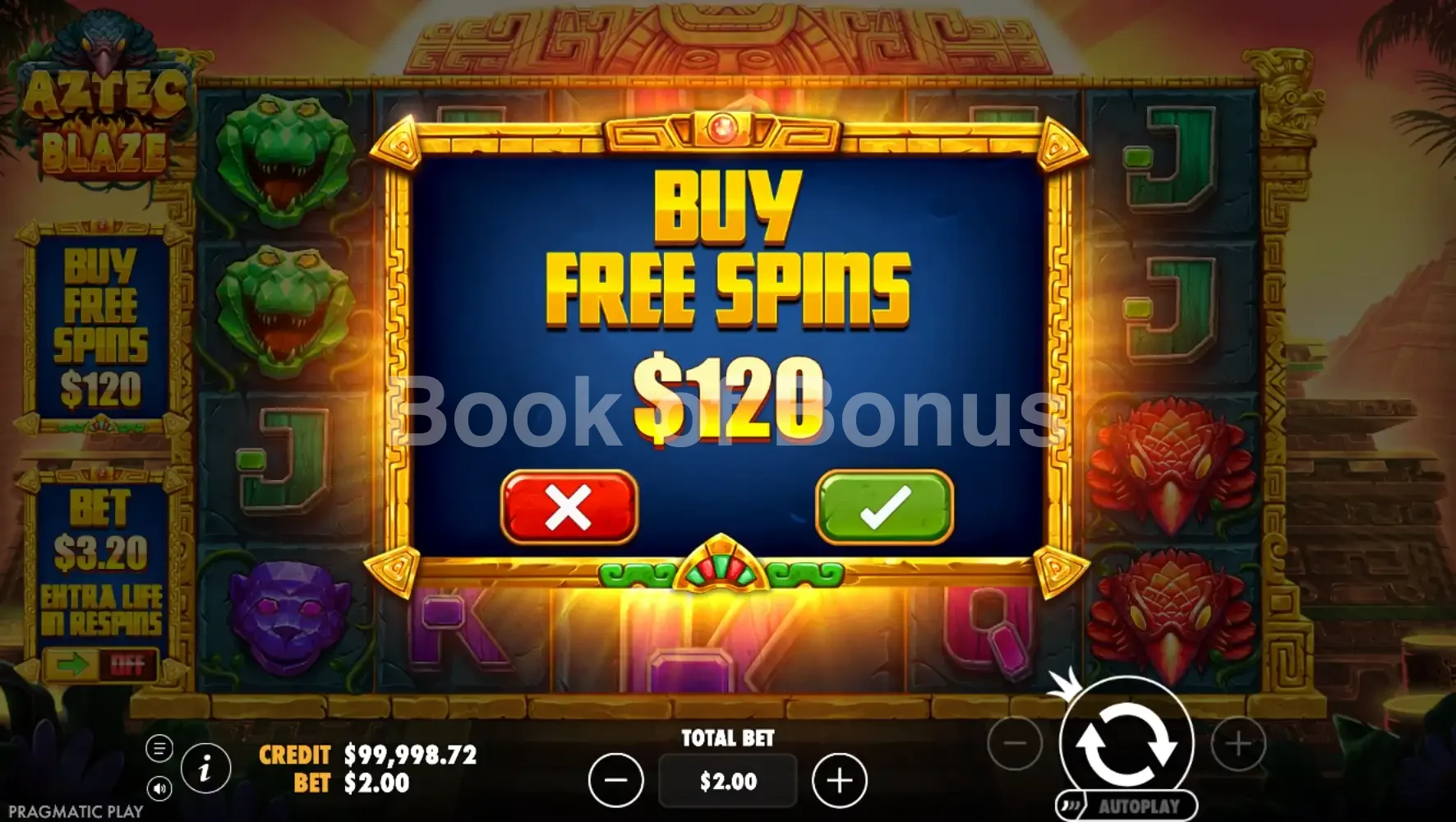 Aztec Blaze par Pragmatic Play - menu d'achat de bonus et options