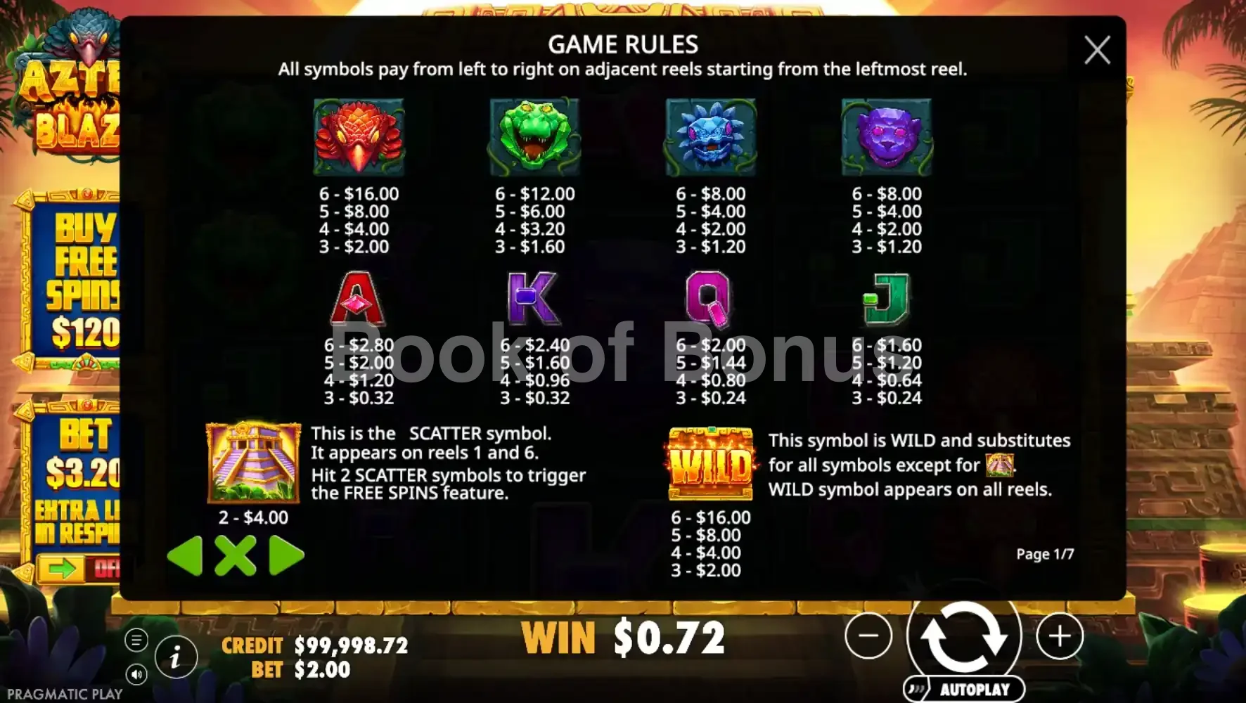 Aztec Blaze par Pragmatic Play - table des gains et valeurs des symboles