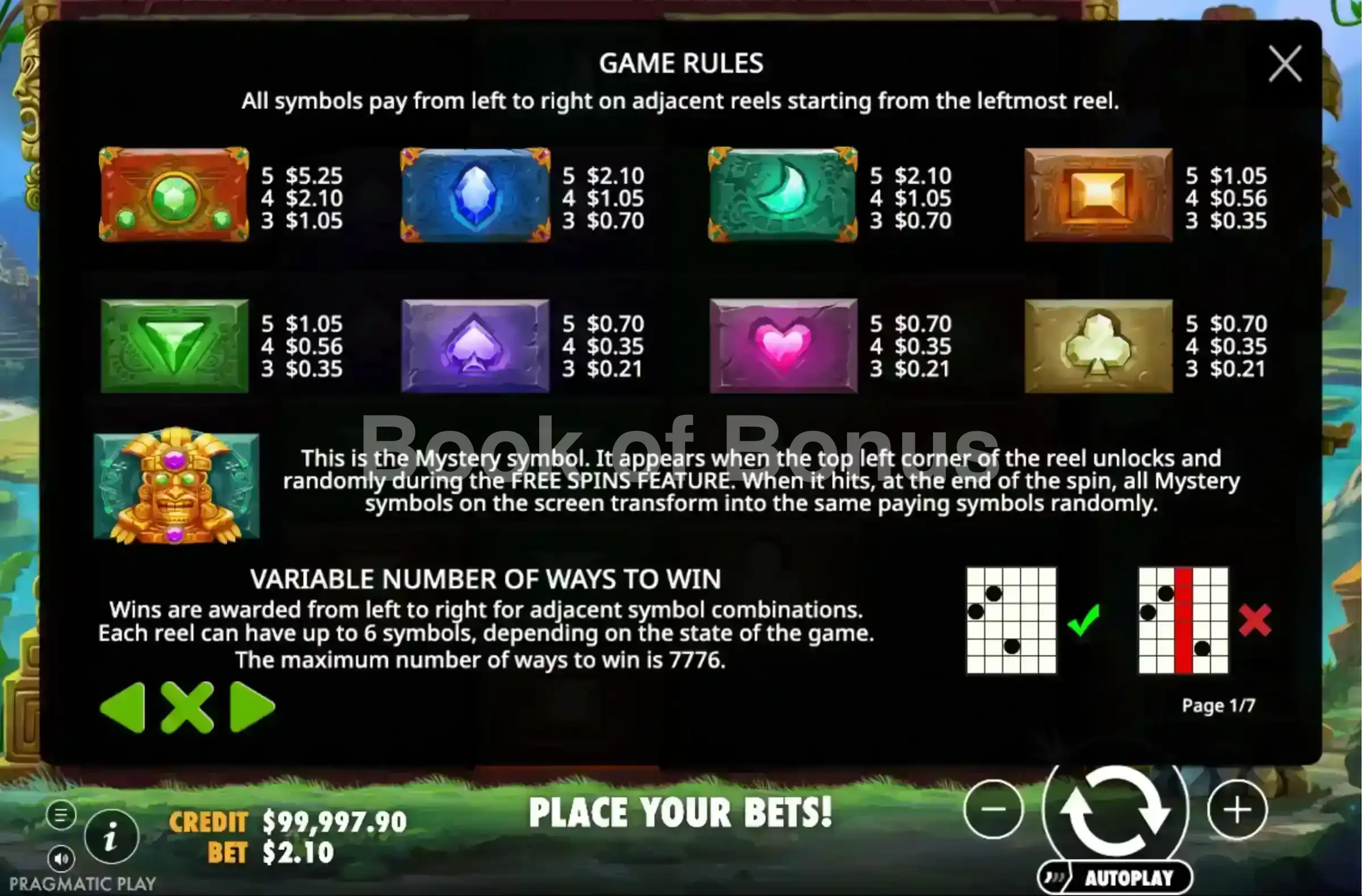Aztec Bonanza par Pragmatic Play - table des gains et valeurs des symboles
