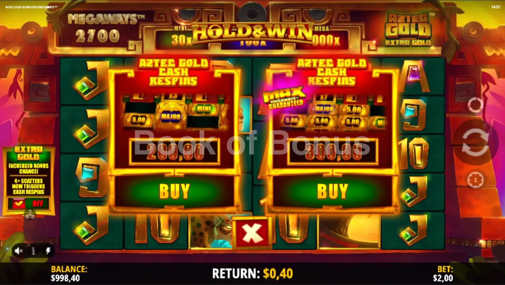 Aztec Gold Extra Gold Megaways par iSoftBet - menu d'achat de bonus et options