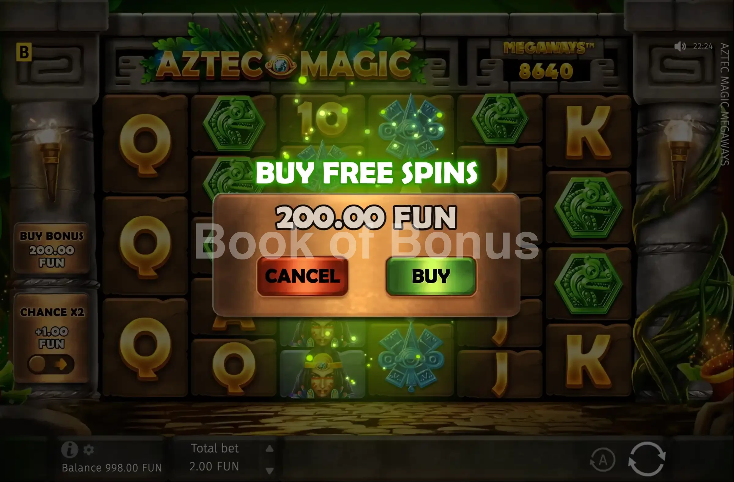 Aztec Magic Megaways par BGaming - menu d'achat de bonus et options