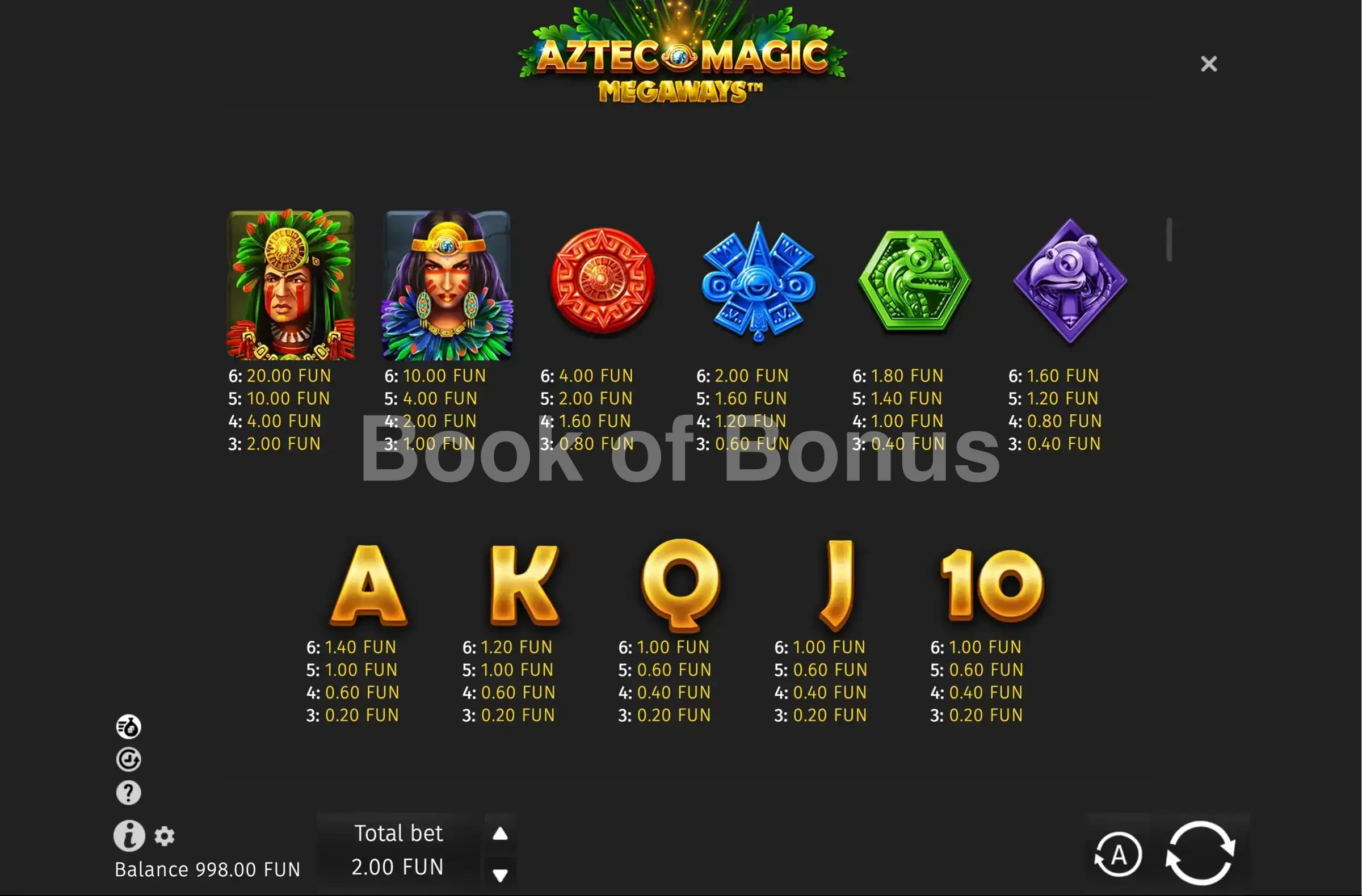 Aztec Magic Megaways par BGaming - table des gains et valeurs des symboles