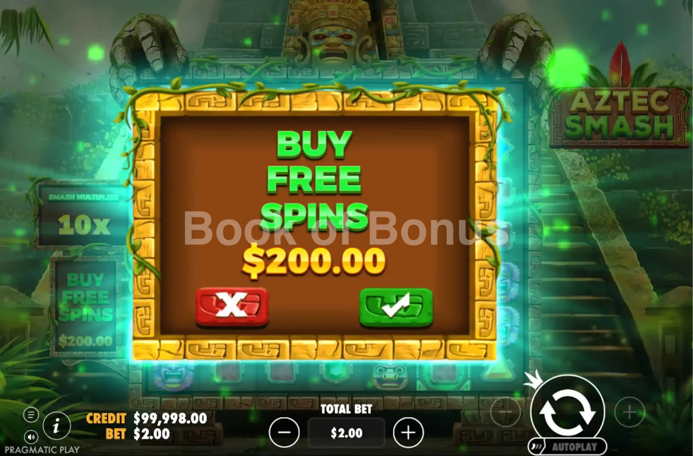 Aztec Smash par Pragmatic Play - menu d'achat de bonus et options