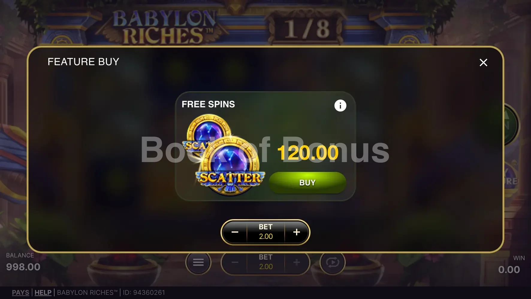 Babylon Riches par NetEnt - menu d'achat de bonus et options