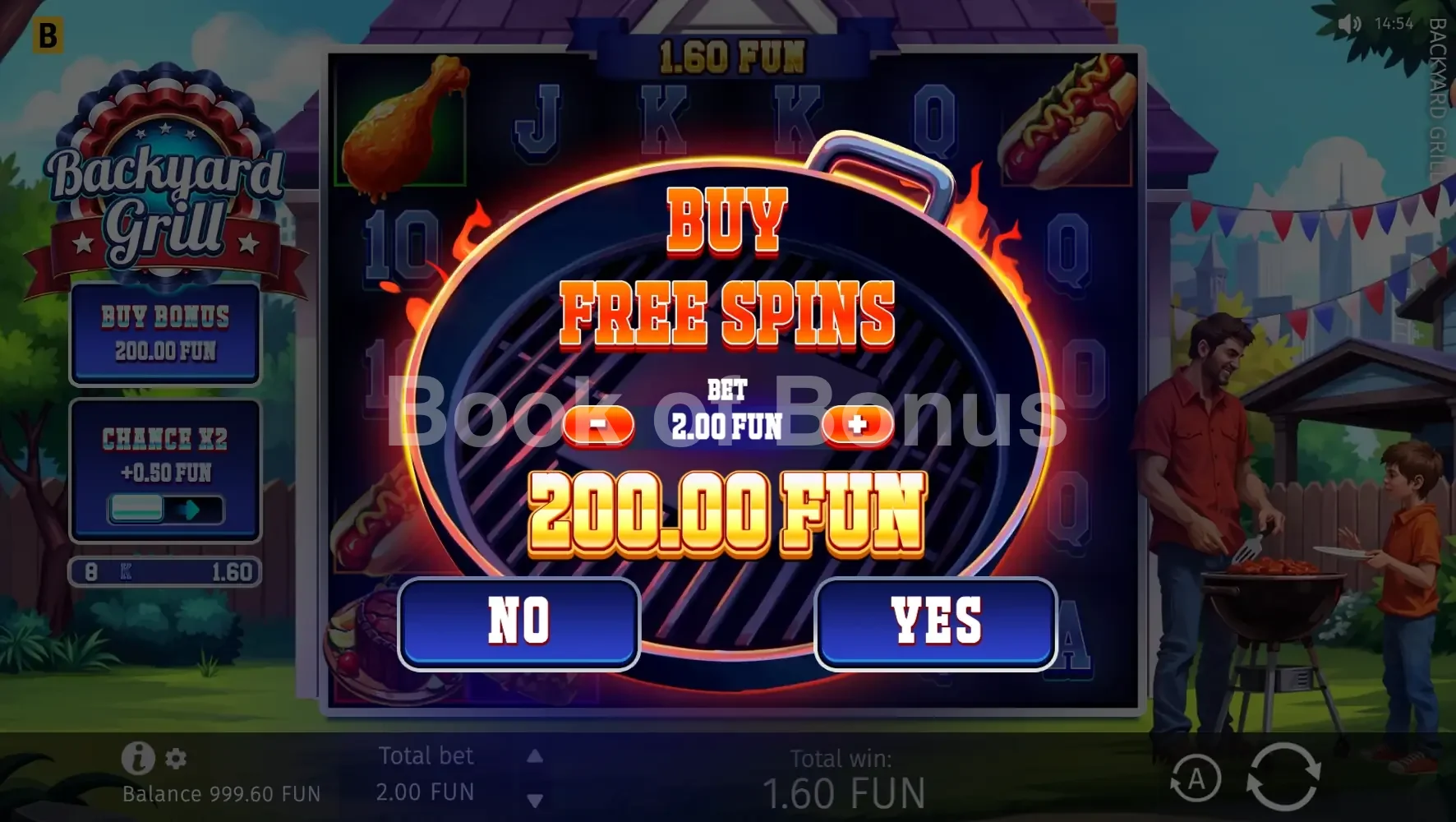 Backyard Grill par BGaming - menu d'achat de bonus et options