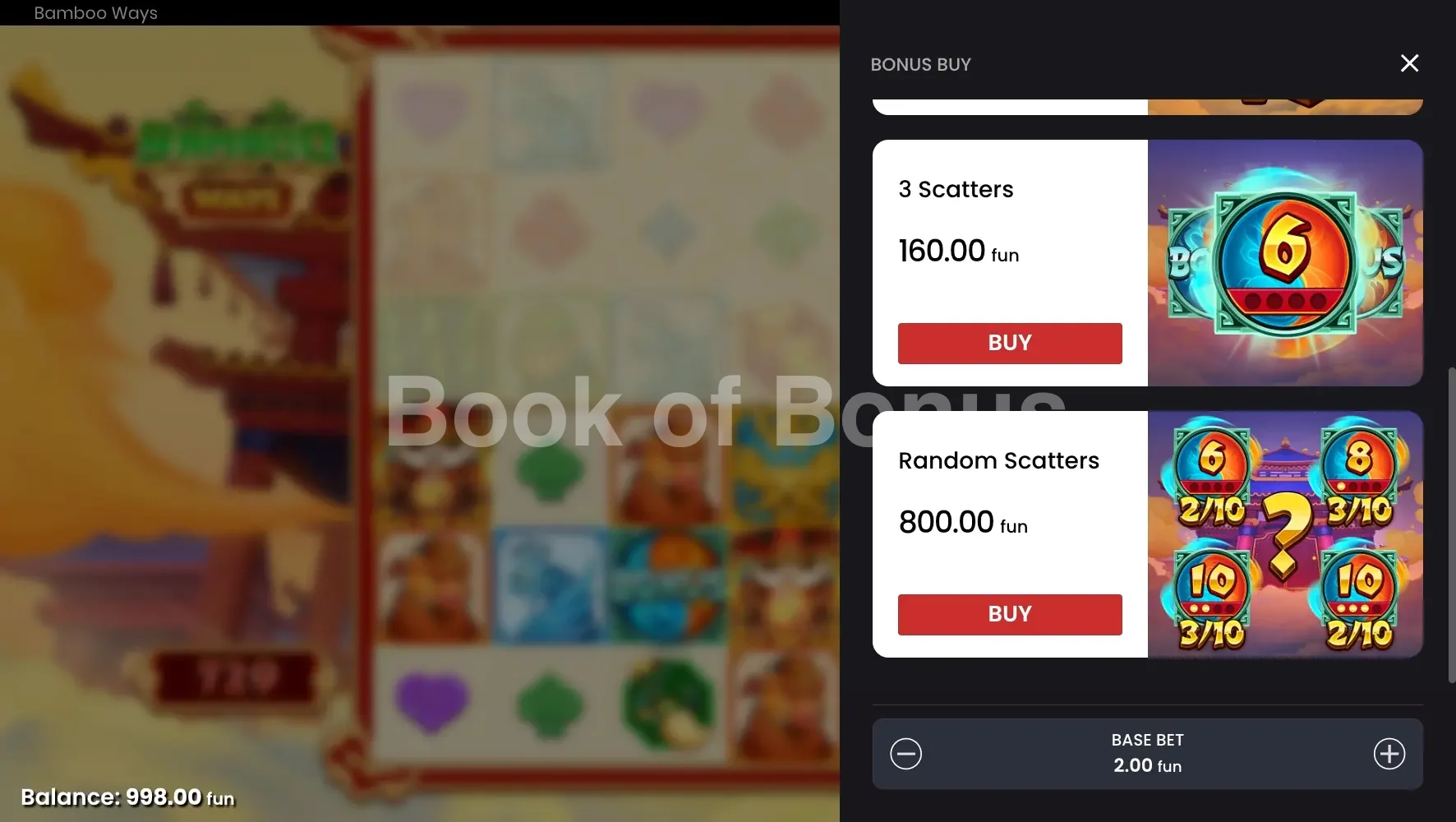 Bamboo Ways par Push Gaming - menu d'achat de bonus et options
