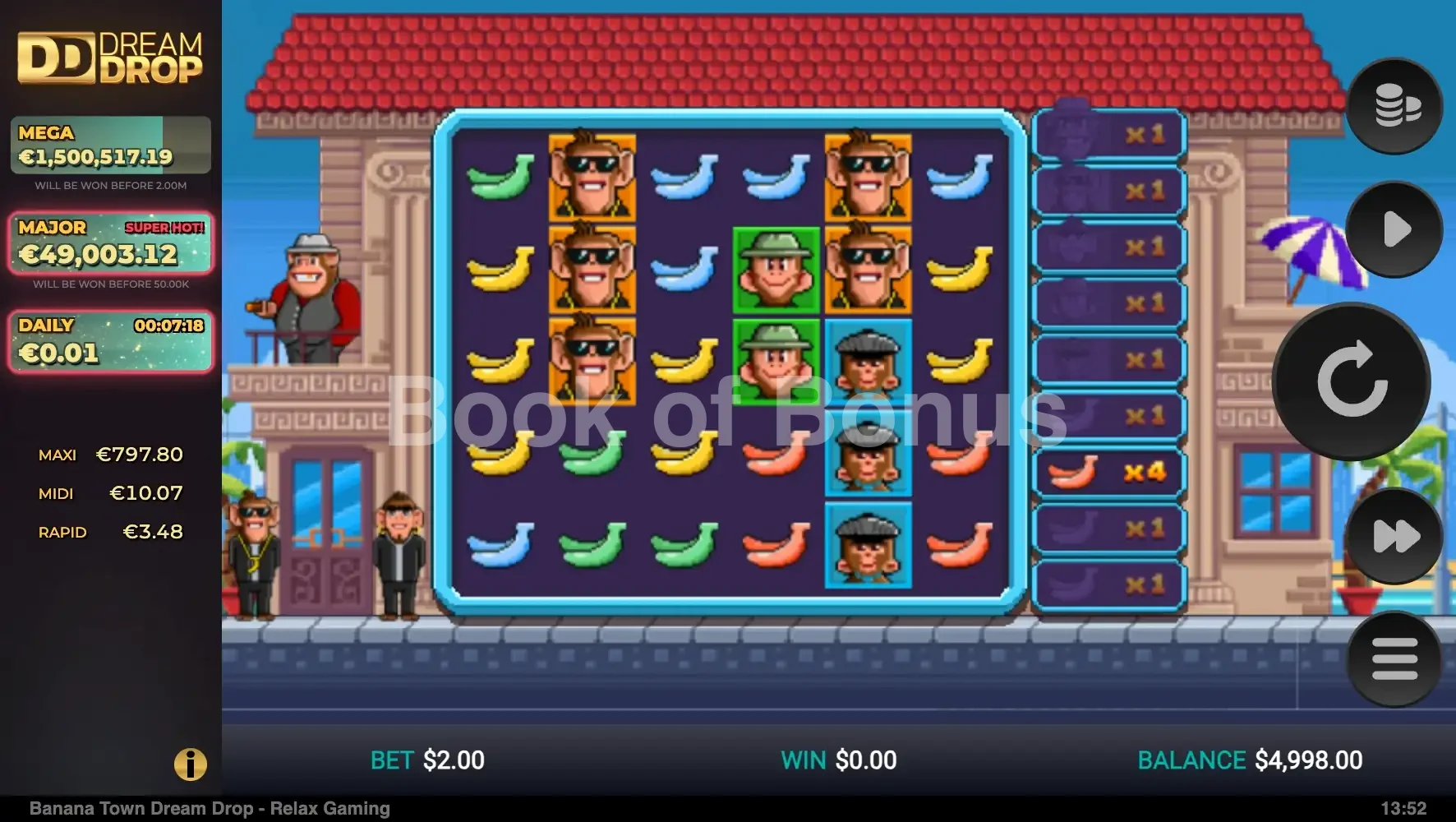 Banana Town Dream Drop par Relax Gaming - jeu de base et disposition des rouleaux