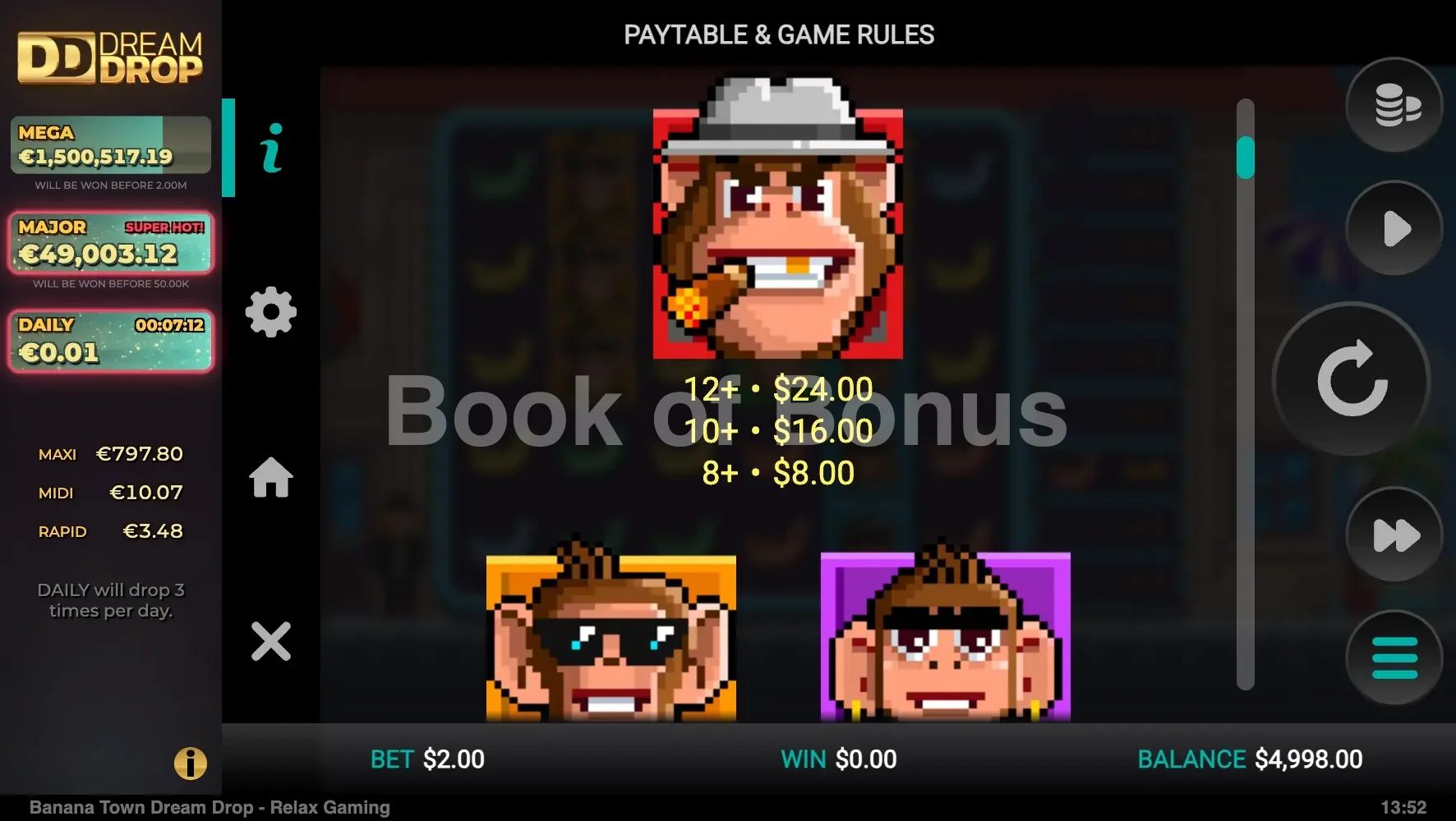 Banana Town Dream Drop par Relax Gaming - table des gains et valeurs des symboles