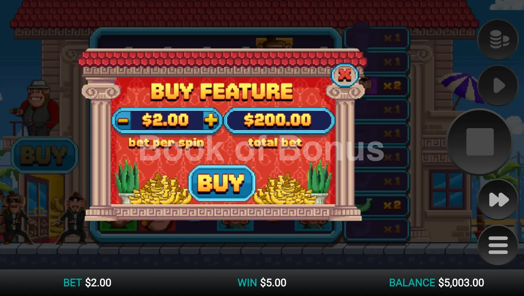 Banana Town par Relax Gaming - menu d'achat de bonus et options
