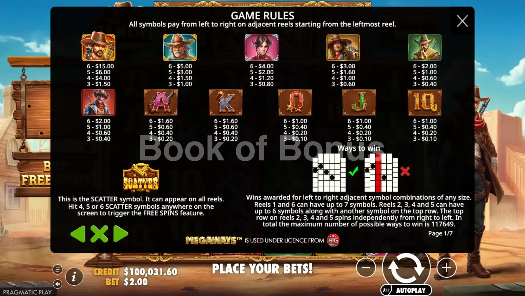 Bandit Megaways par Pragmatic Play - table des gains et valeurs des symboles