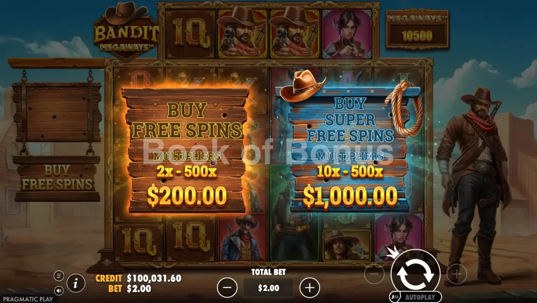 Bandit Megaways par Pragmatic Play - menu d'achat de bonus et options