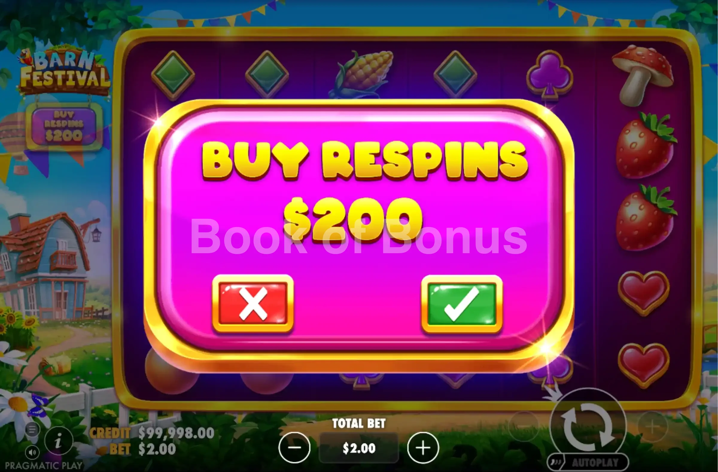 Barn Festival par Pragmatic Play - menu d'achat de bonus et options