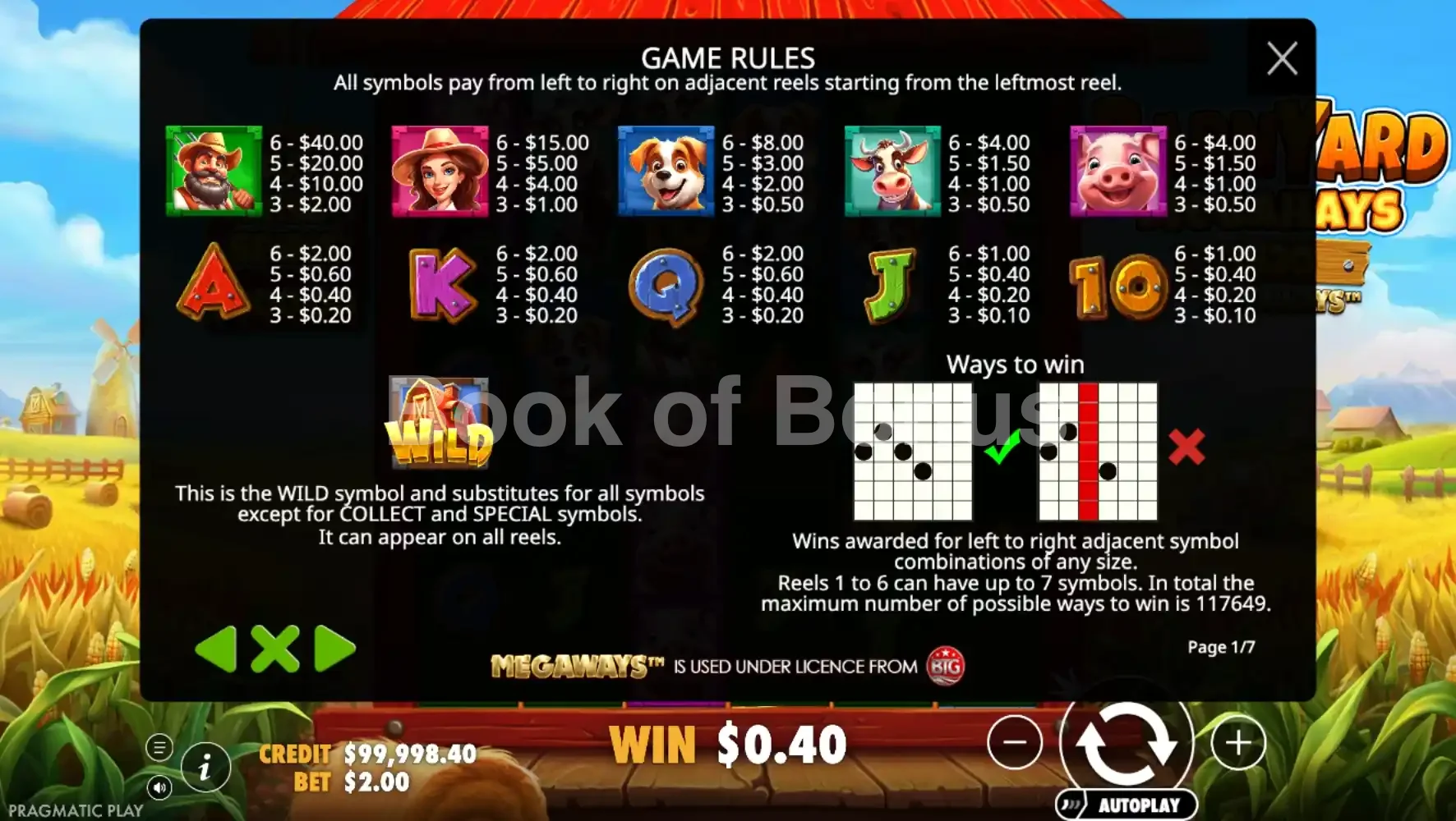Barnyard Megahays Megaways par Pragmatic Play - table des gains et valeurs des symboles