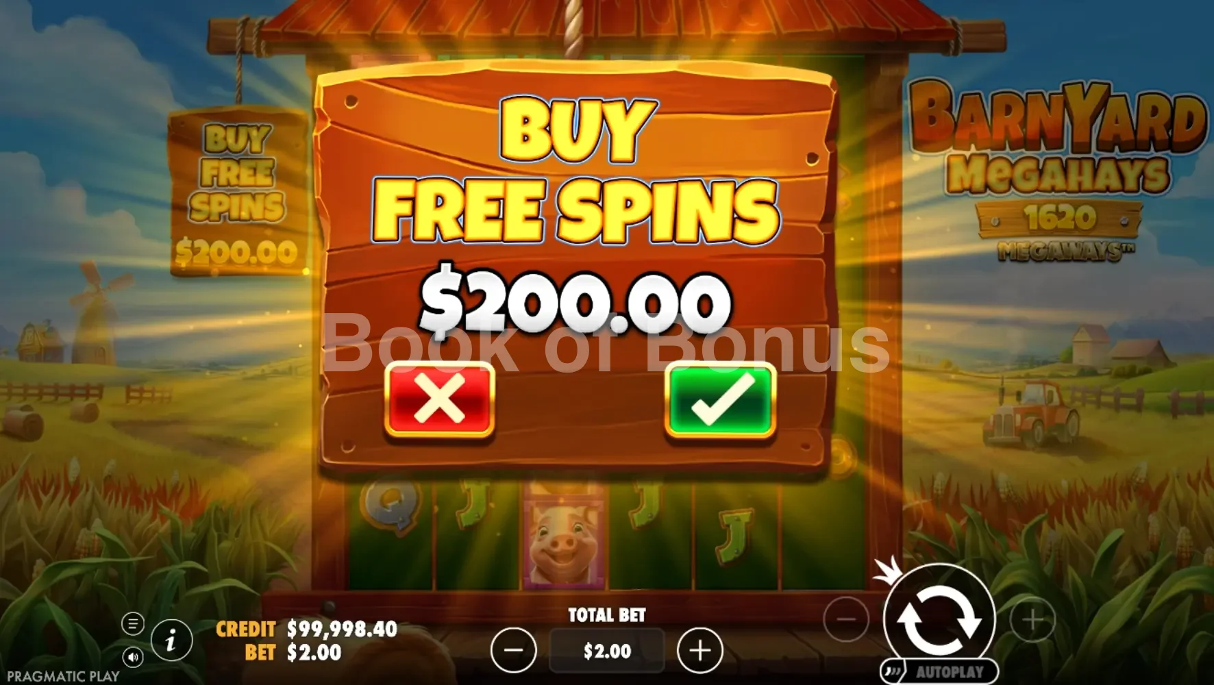 Barnyard Megahays Megaways par Pragmatic Play - menu d'achat de bonus et options