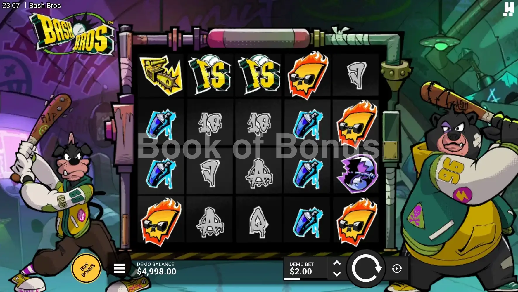 Bash Bros par Hacksaw Gaming - jeu de base et disposition des rouleaux