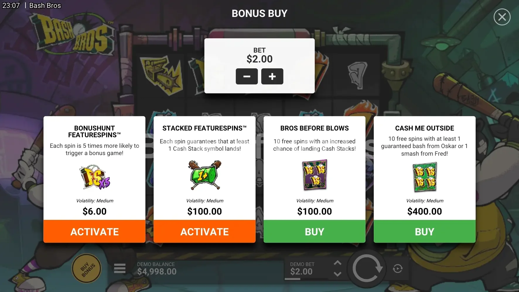 Bash Bros par Hacksaw Gaming - menu d'achat de bonus et options