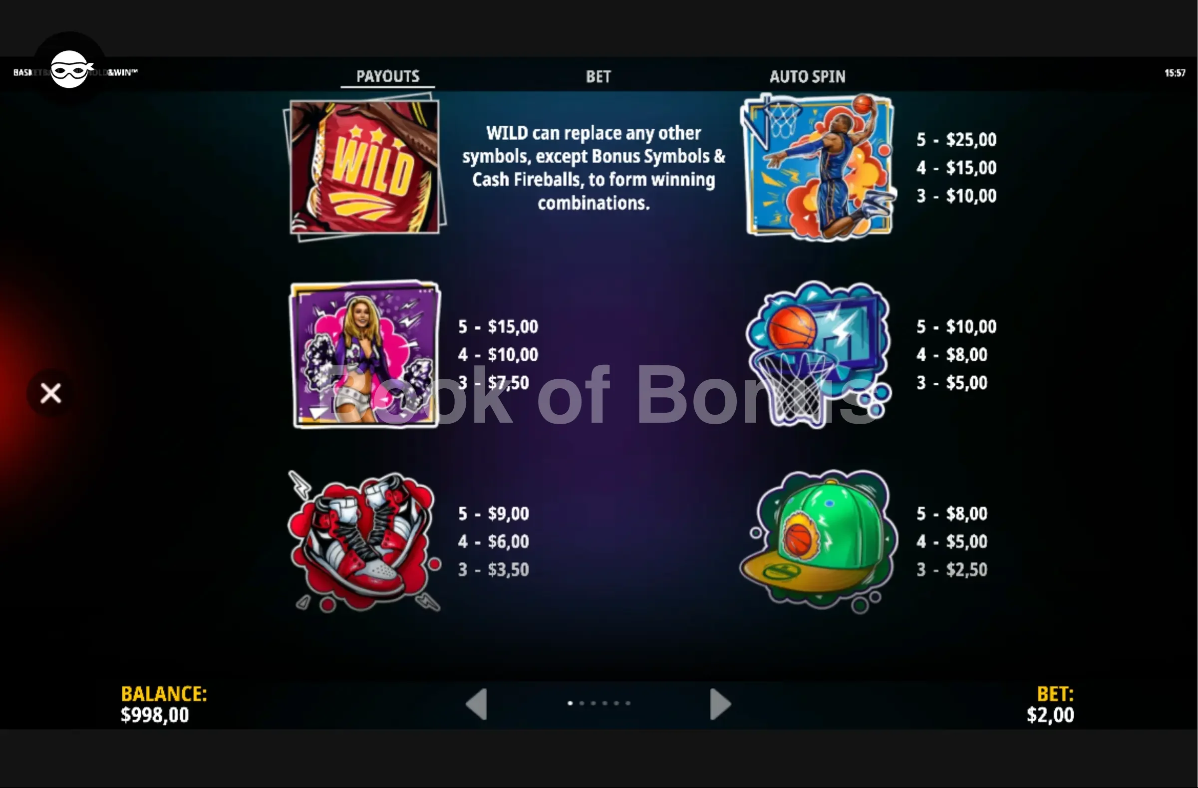 Tableau des gains Basketball King Hold & Win