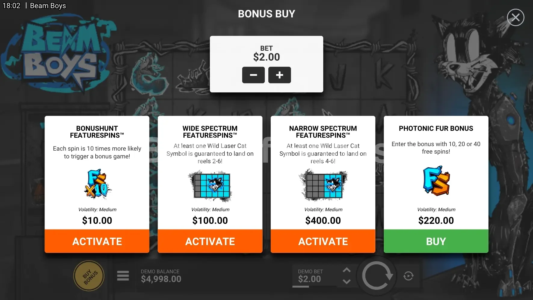 Beam Boys par Hacksaw Gaming - menu d'achat de bonus et options