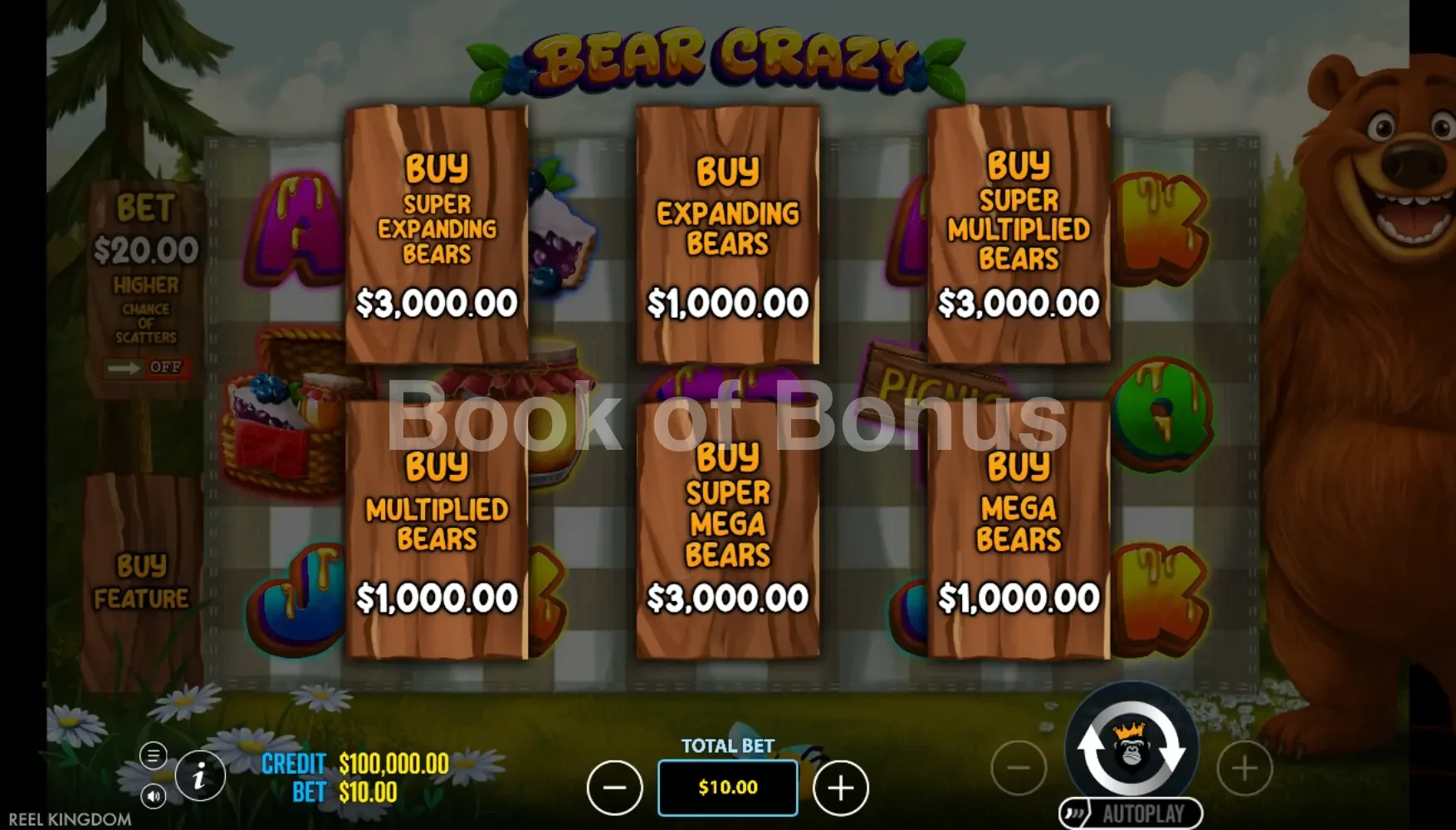 Bear Crazy par Pragmatic Play - menu d'achat de bonus et options