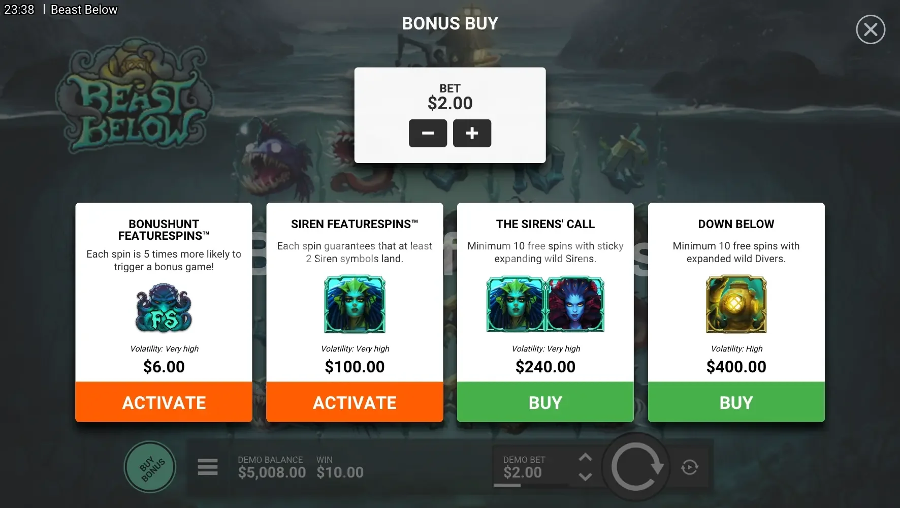 Beast Below par Hacksaw Gaming - menu d'achat de bonus et options