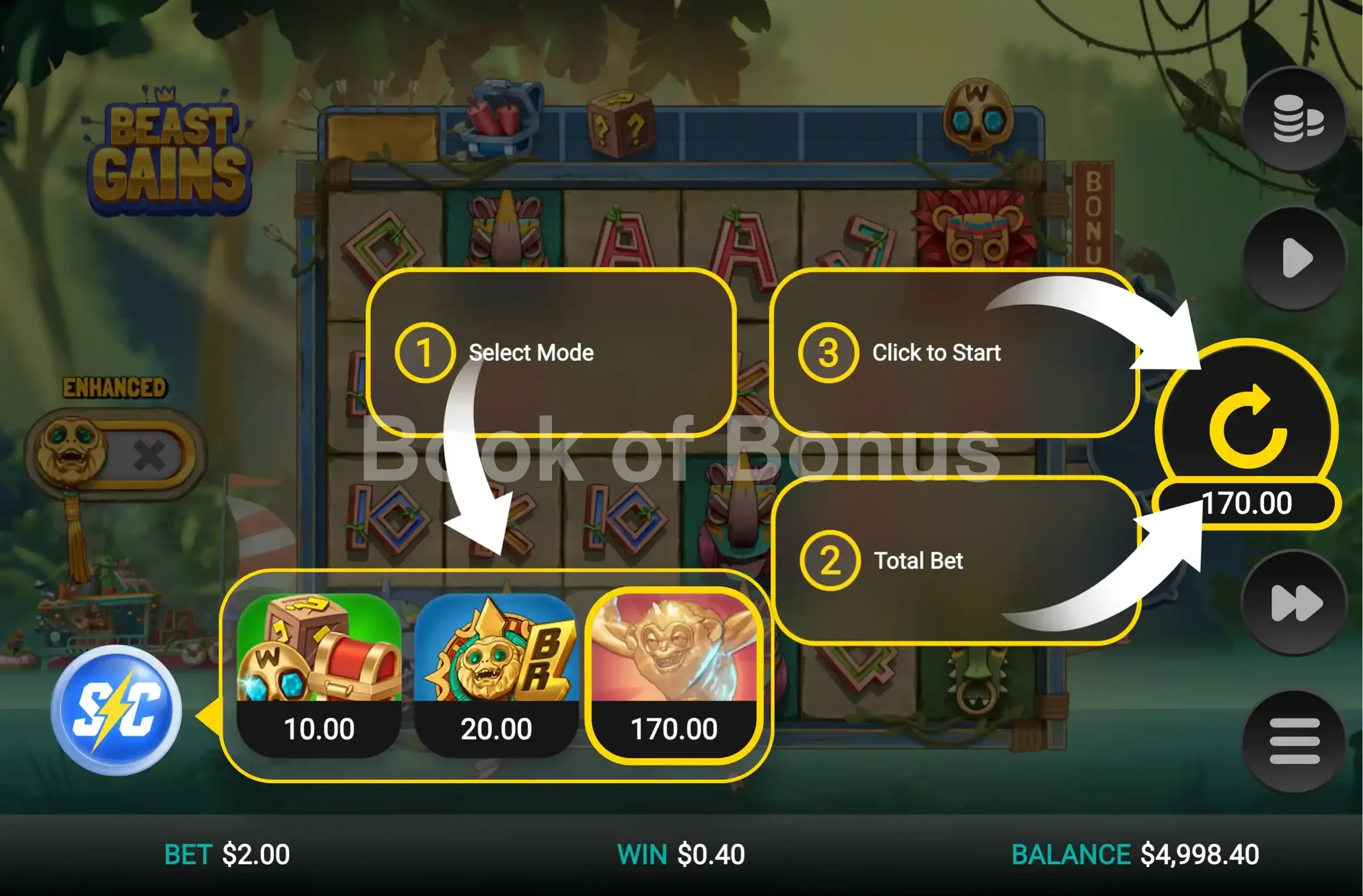 Beast Gains par Relax Gaming - menu d'achat de bonus et options