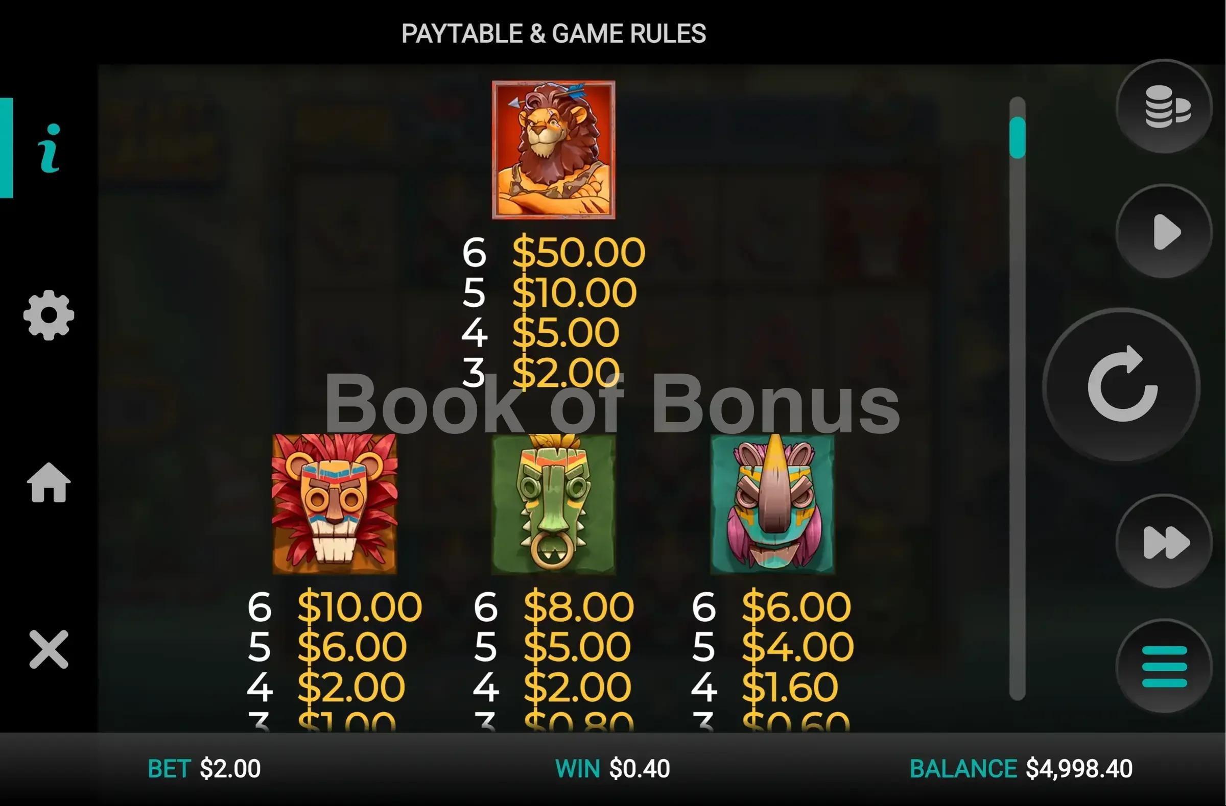 Beast Gains par Relax Gaming - table des gains et valeurs des symboles