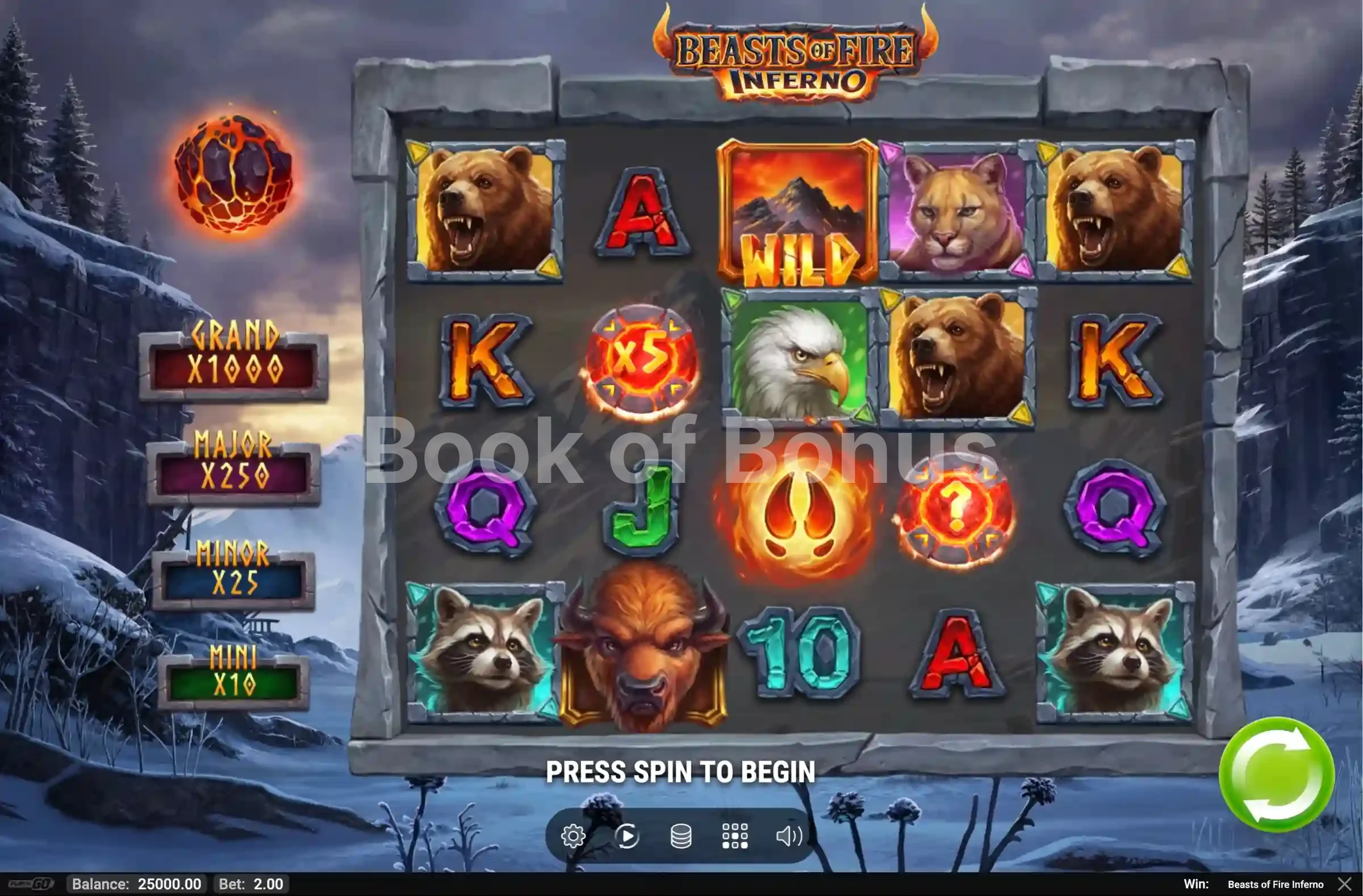 Beasts of Fire Inferno par Play'n GO - jeu de base et disposition des rouleaux