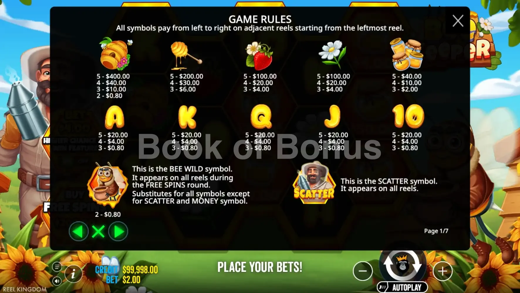Bee Keeper par Reel Kingdom - table des gains et valeurs des symboles