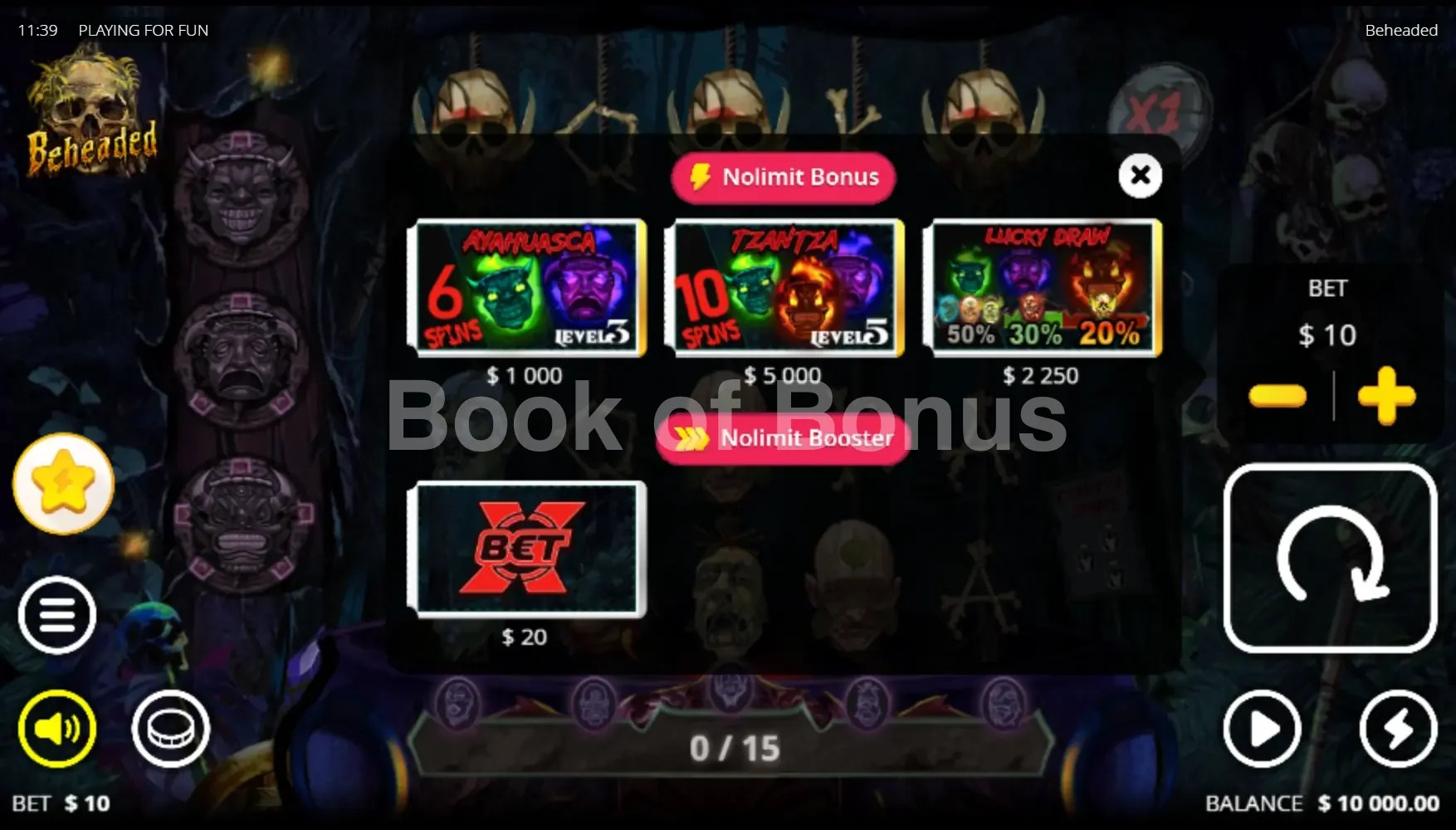 Beheaded par Nolimit City - menu d'achat de bonus et options