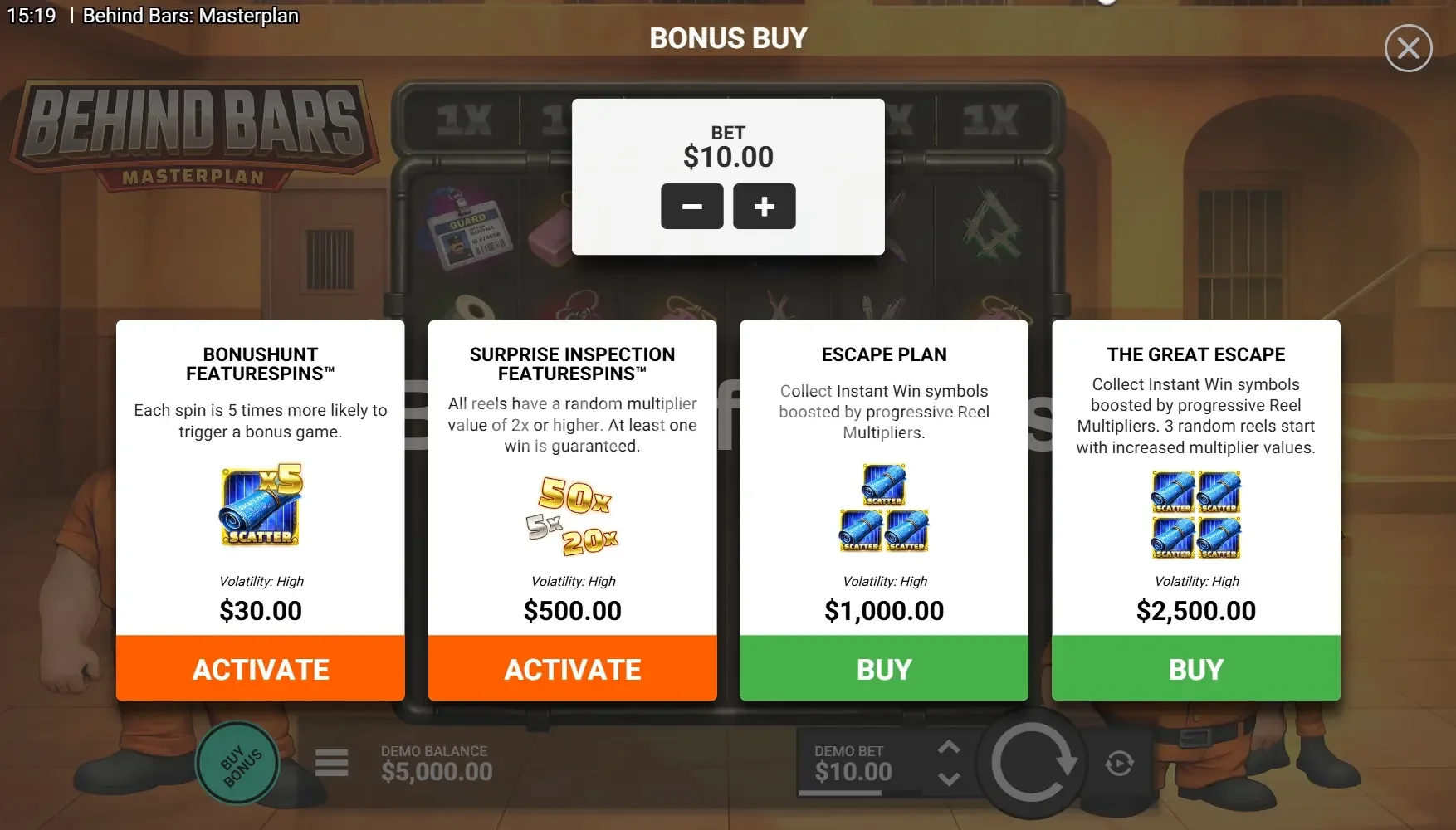 Achat de bonus Behind Bars Masterplan