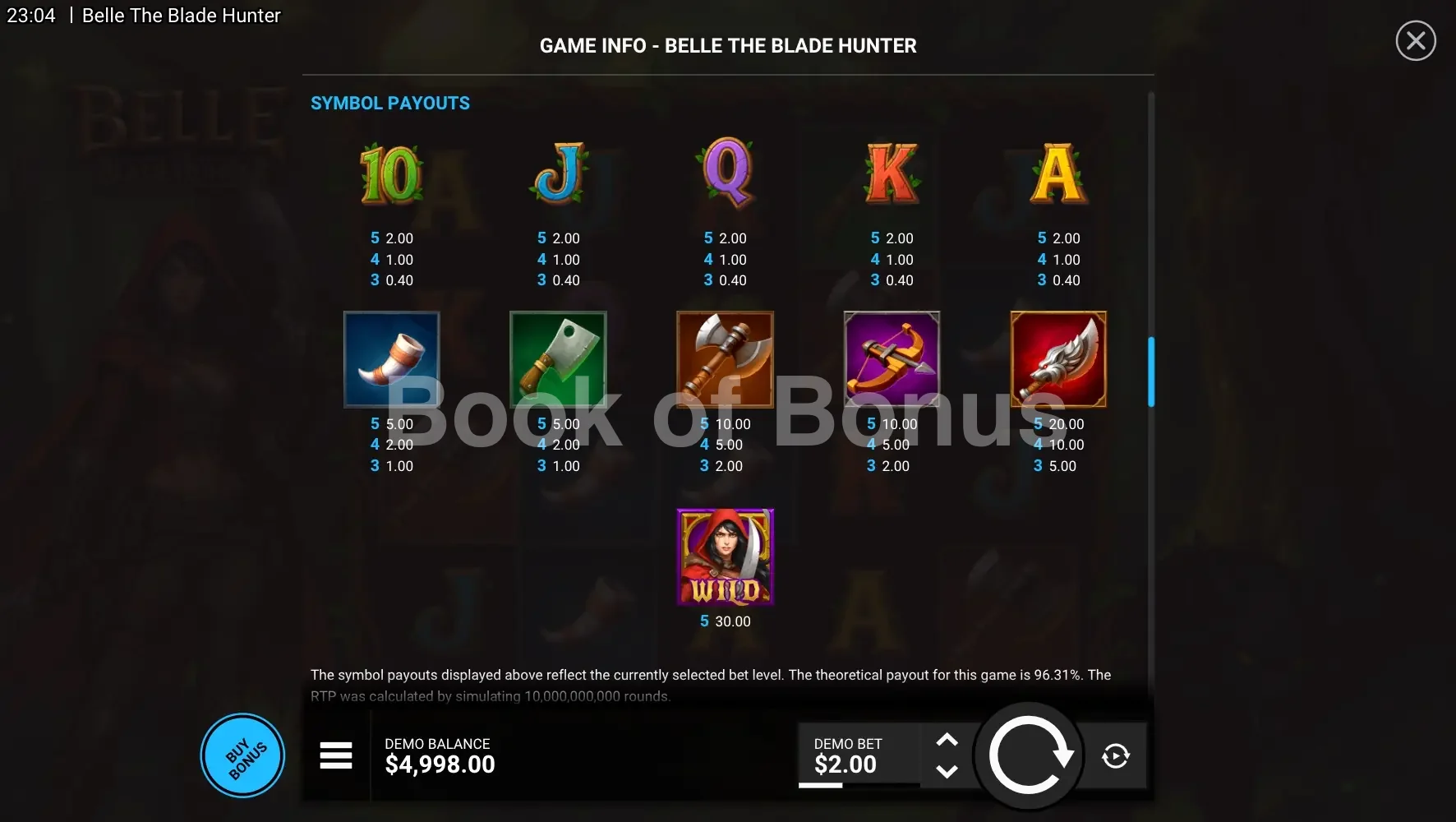 Belle The Blade Hunter par Hacksaw Gaming - table des gains et valeurs des symboles