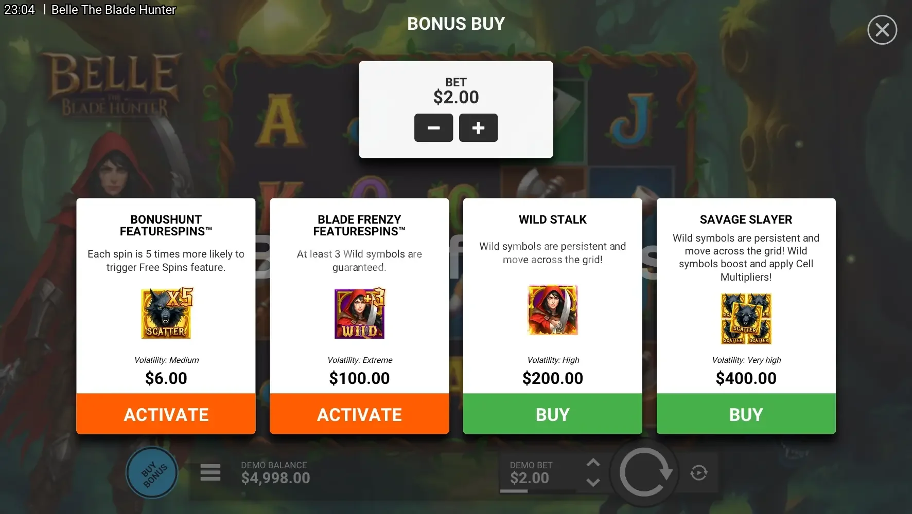 Belle The Blade Hunter par Hacksaw Gaming - menu d'achat de bonus et options