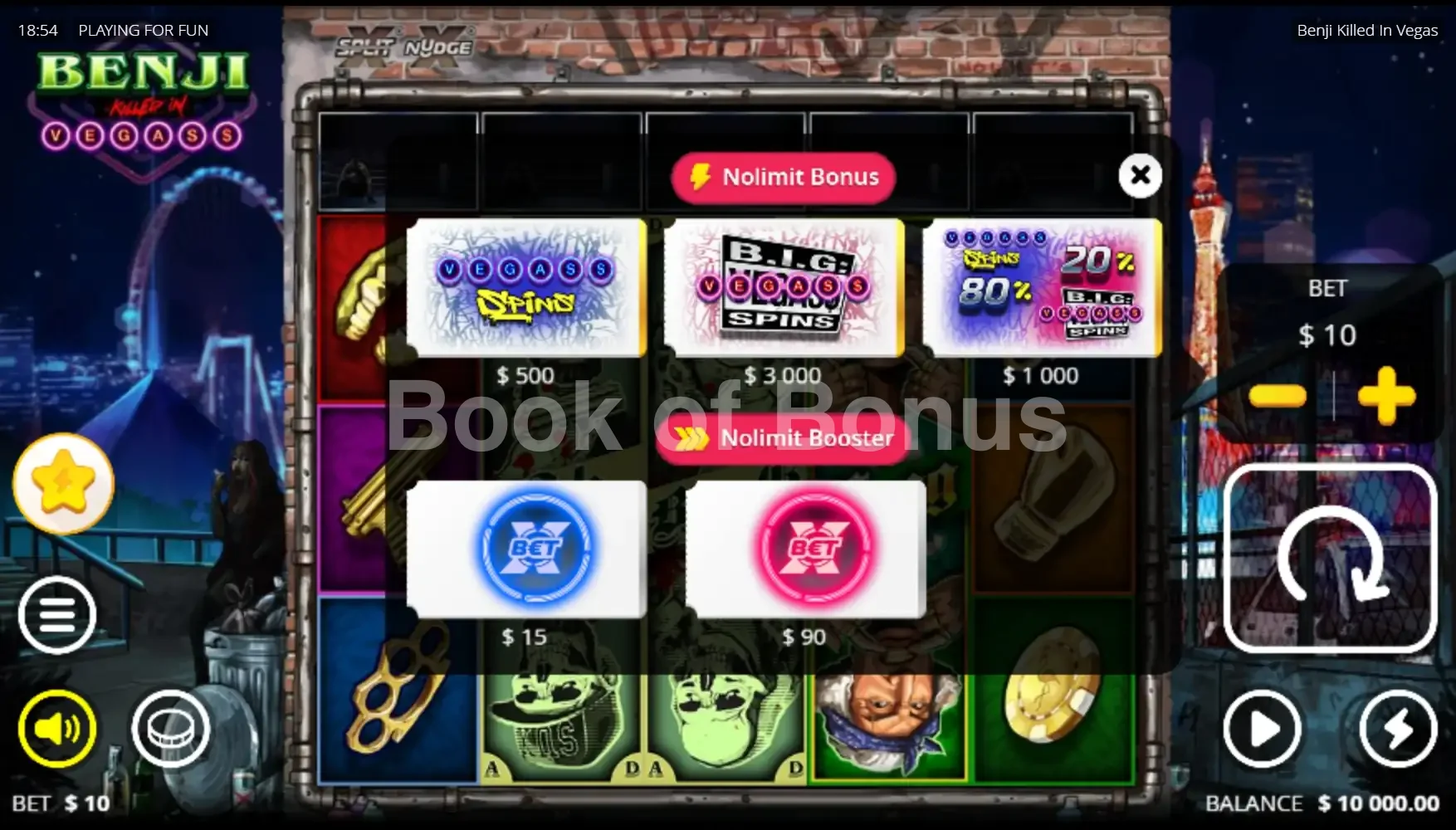 Benji Killed in Vegas par Nolimit City - menu d'achat de bonus et options