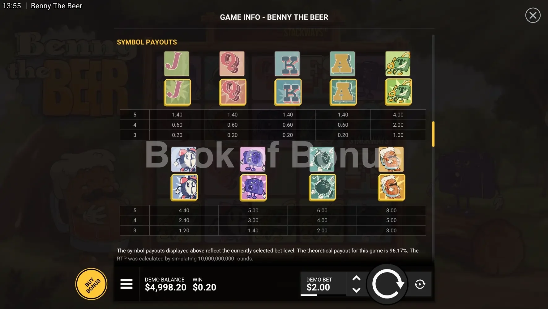 Benny The Beer par Hacksaw Gaming - table des gains et valeurs des symboles