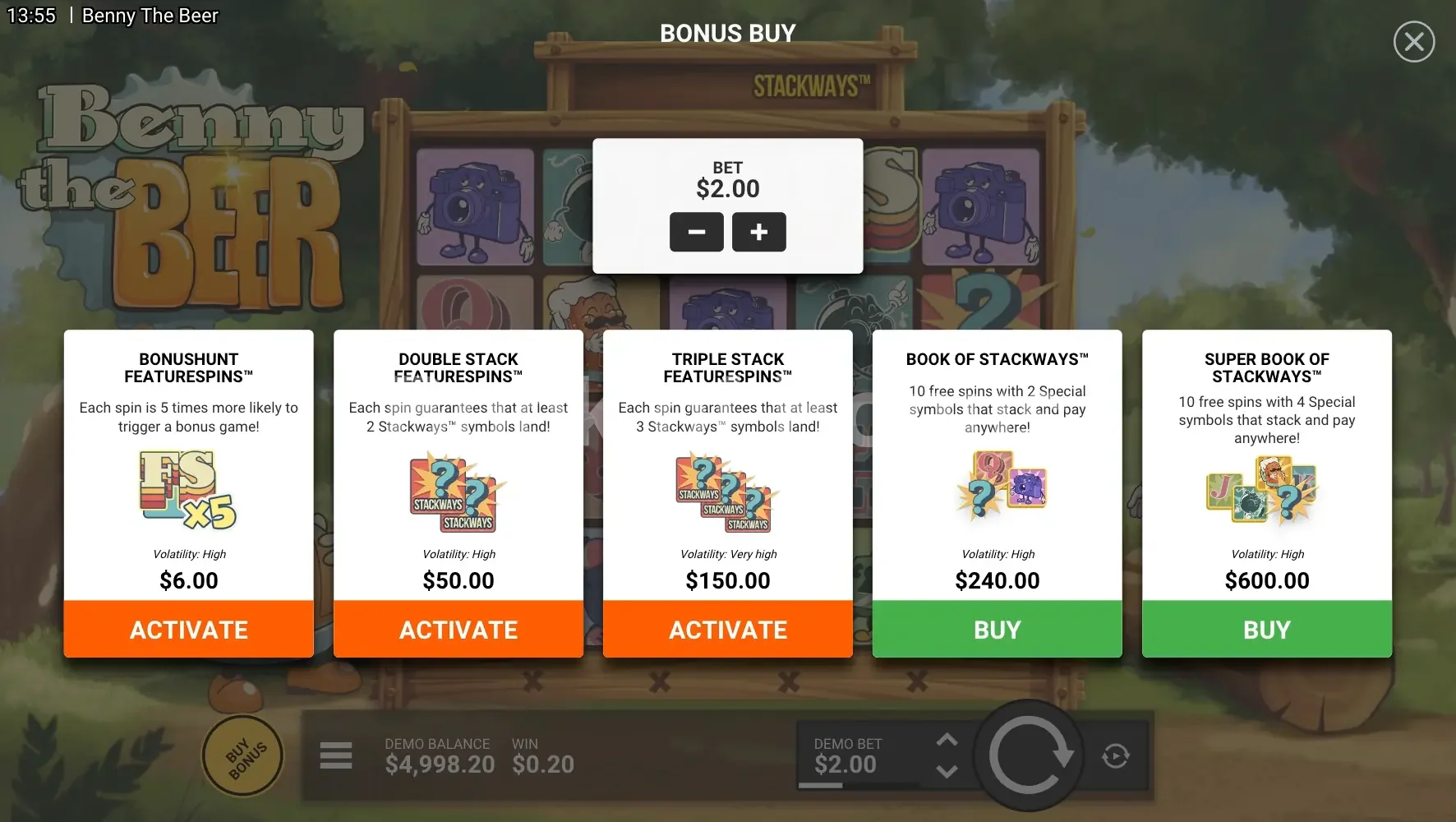 Benny The Beer par Hacksaw Gaming - menu d'achat de bonus et options
