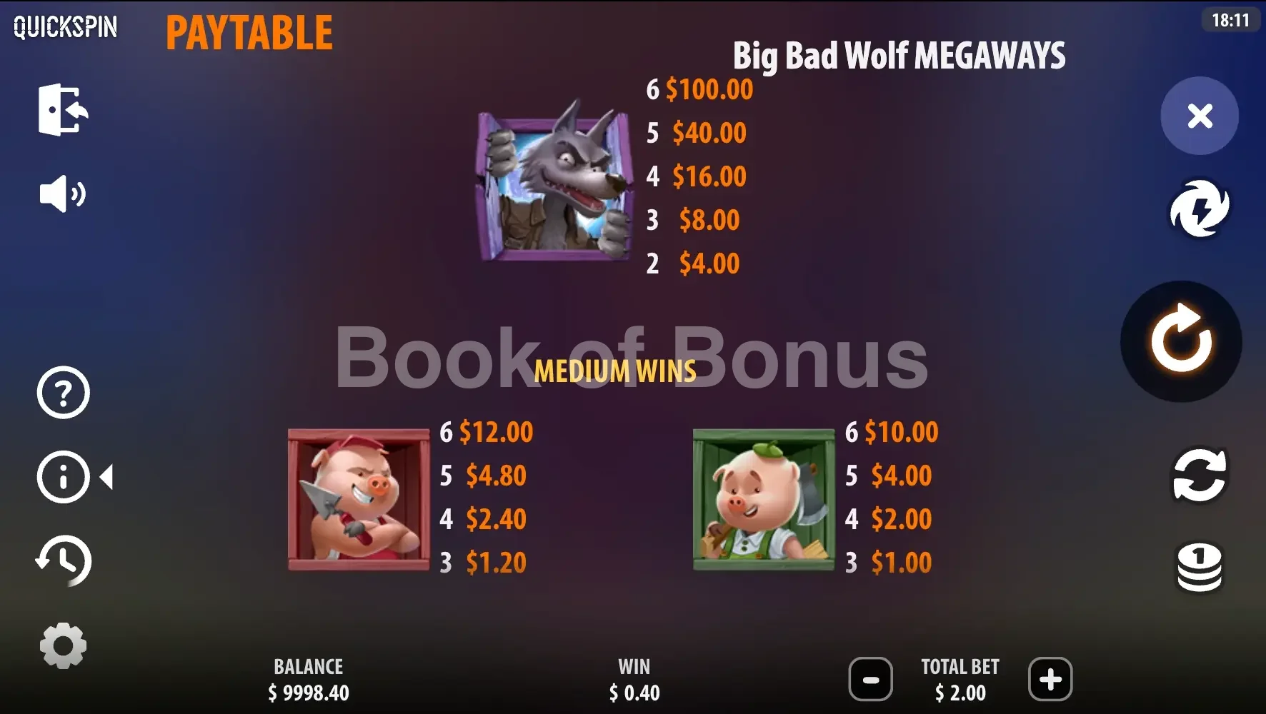 Big Bad Wolf Megaways par Quickspin - table des gains et valeurs des symboles