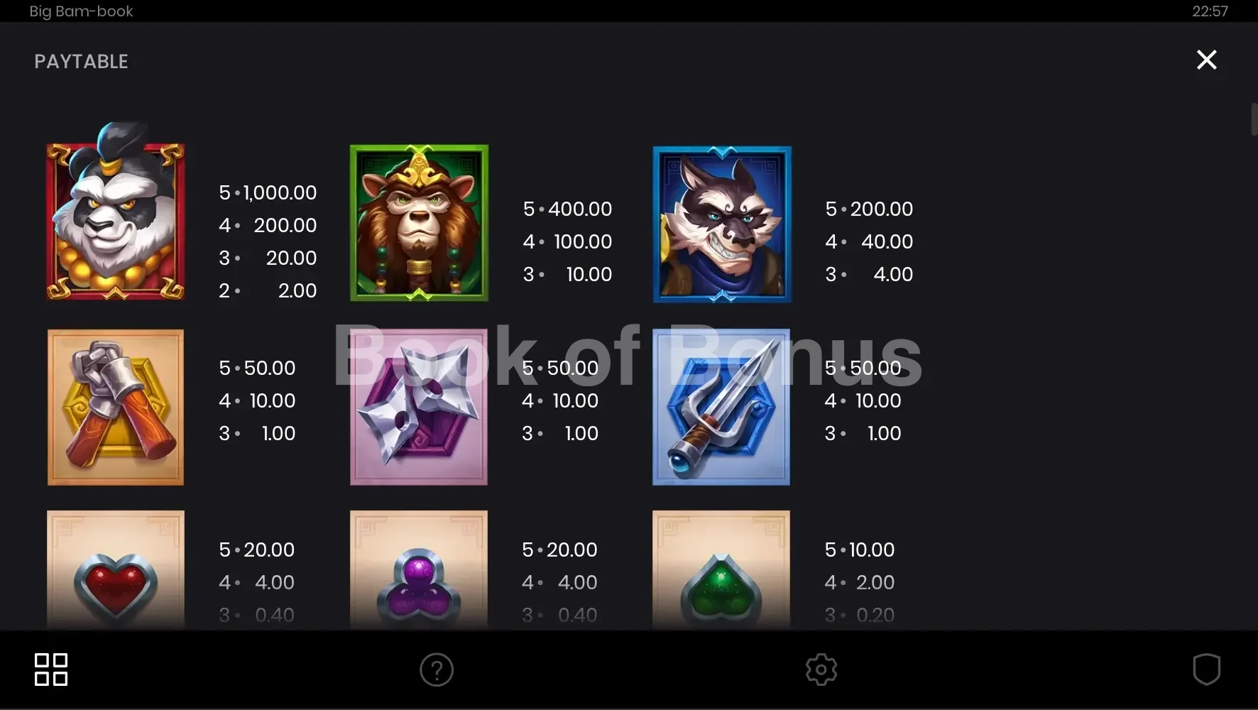 Big Bam-Book par Push Gaming - table des gains et valeurs des symboles