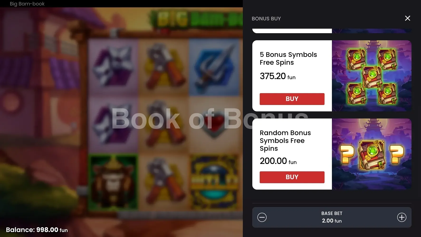Big Bam-Book par Push Gaming - menu d'achat de bonus et options