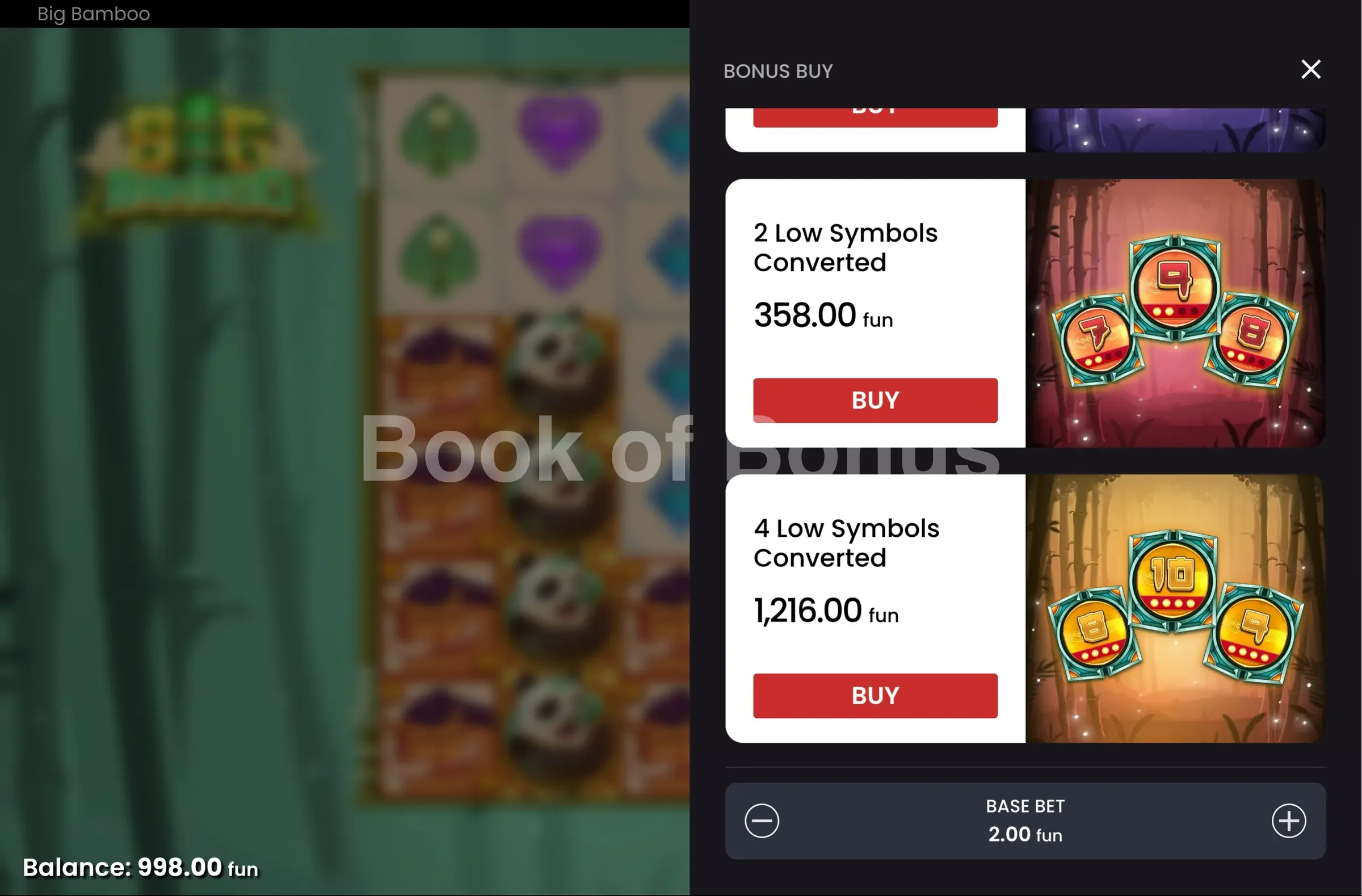 Big Bamboo par Push Gaming - menu d'achat de bonus et options