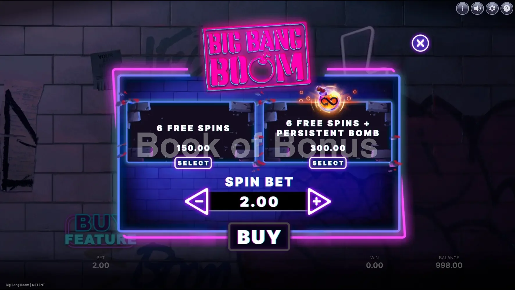 Big Bang Boom par NetEnt - menu d'achat de bonus et options
