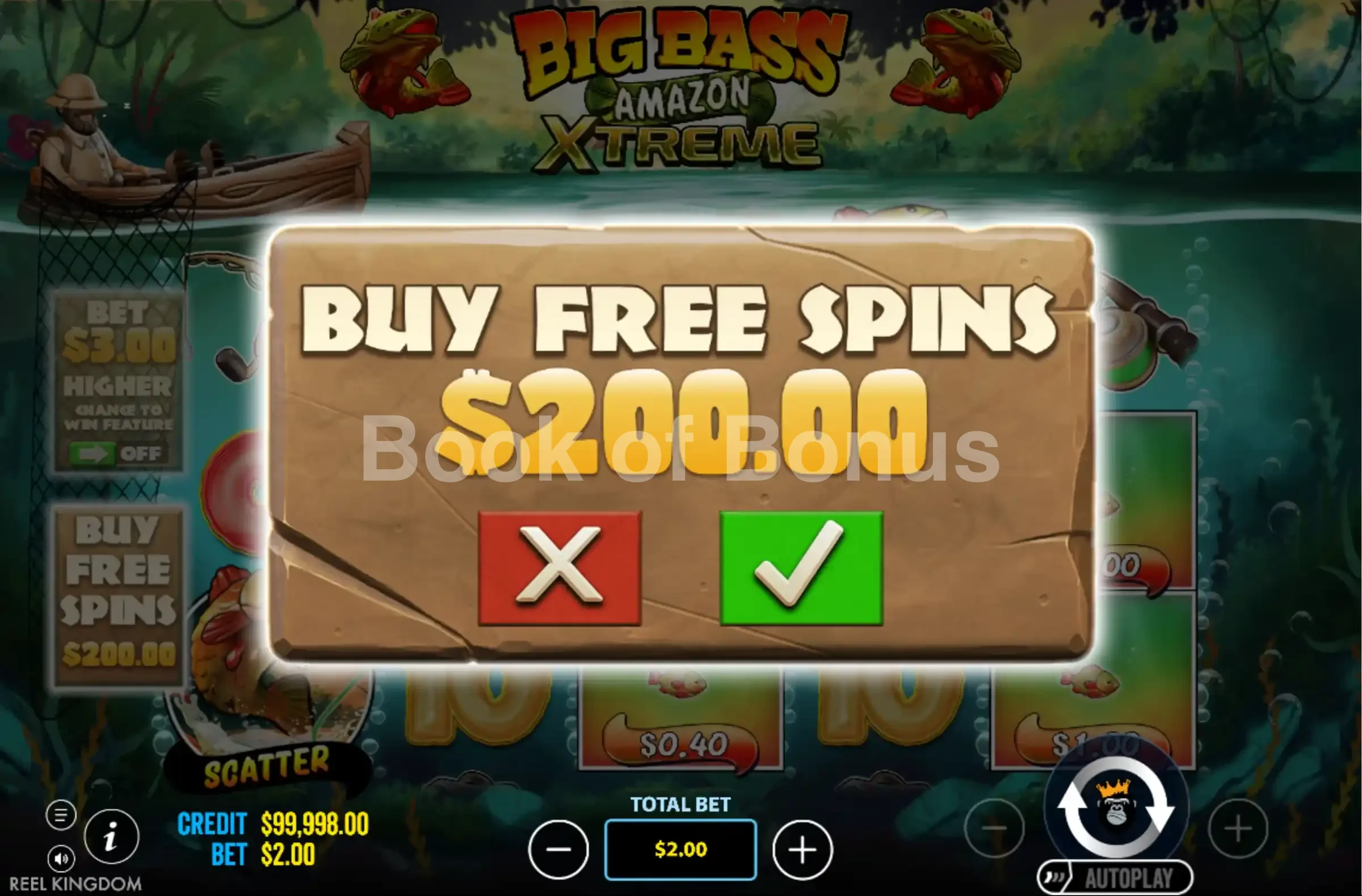 Big Bass Amazon Xtreme par Reel Kingdom - menu d'achat de bonus et options