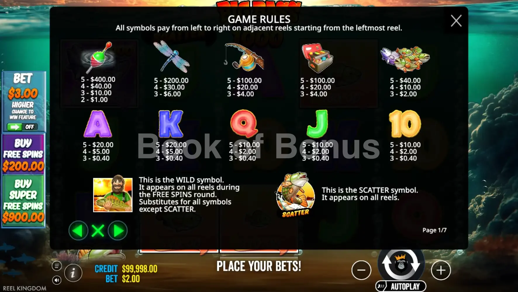 Big Bass Bonanza 1000 par Pragmatic Play - table des gains et valeurs des symboles