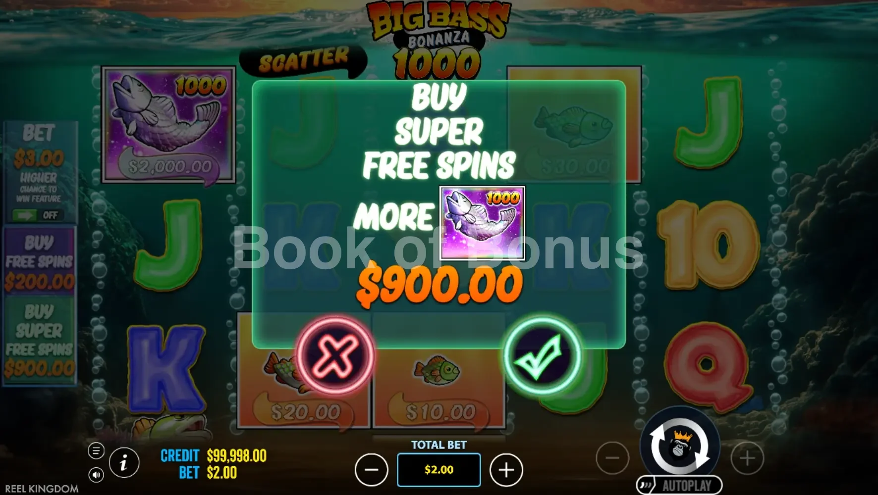 Big Bass Bonanza 1000 par Pragmatic Play - menu d'achat de bonus et options