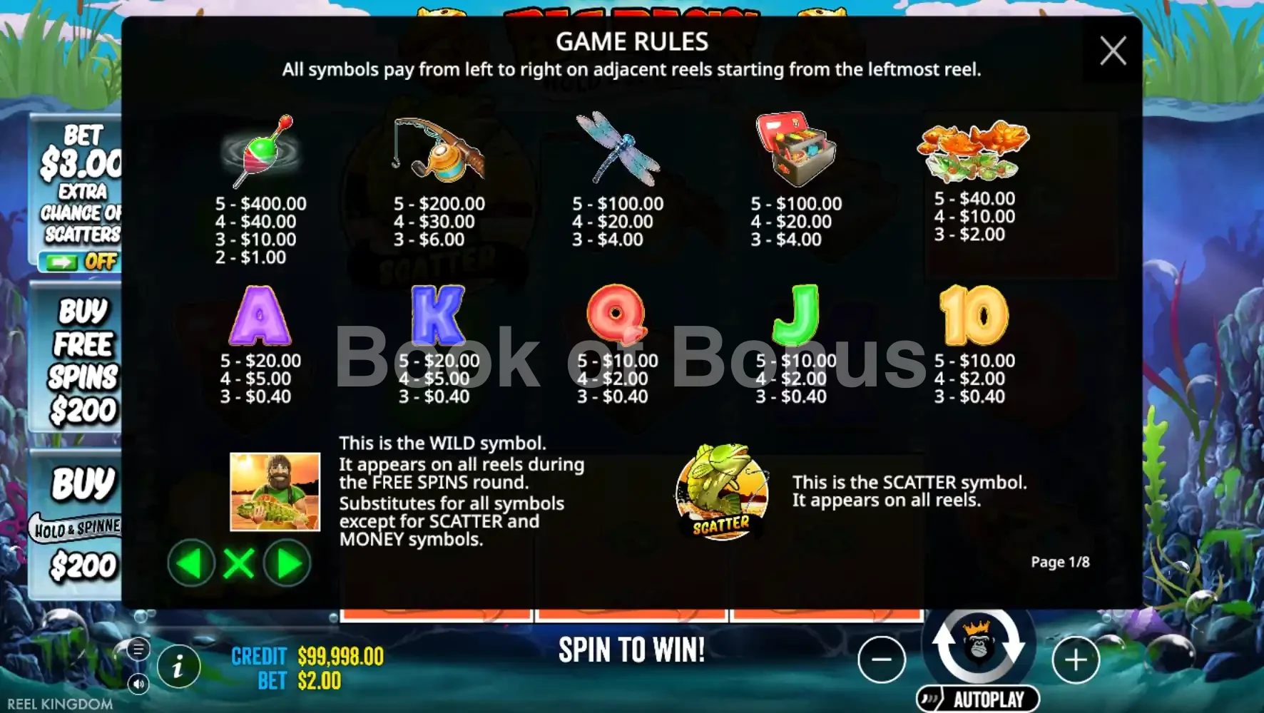 Big Bass Bonanza Hold & Spinner par Reel Kingdom - table des gains et valeurs des symboles