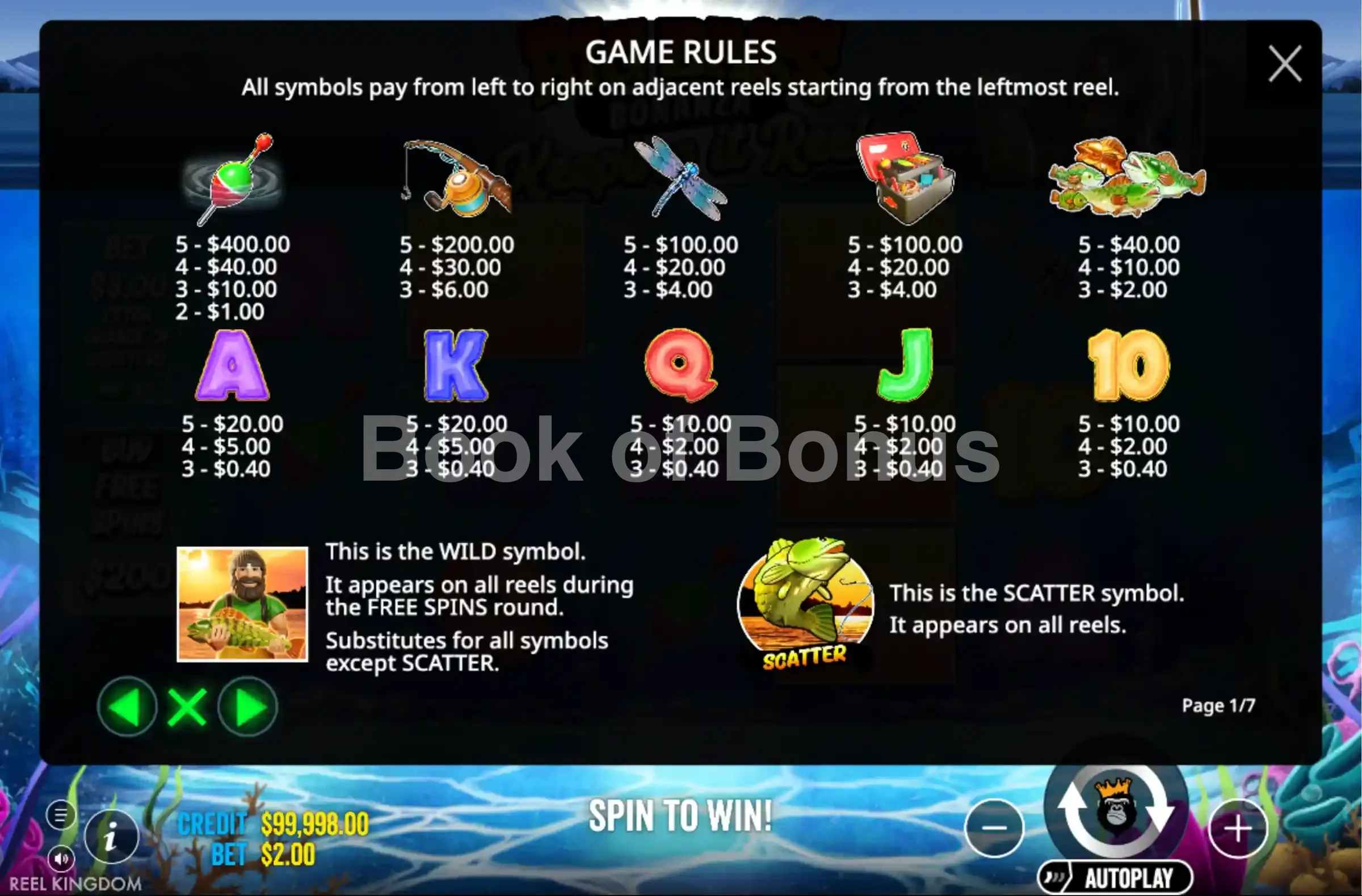 Tableau des gains Big Bass Bonanza Keeping It Reel