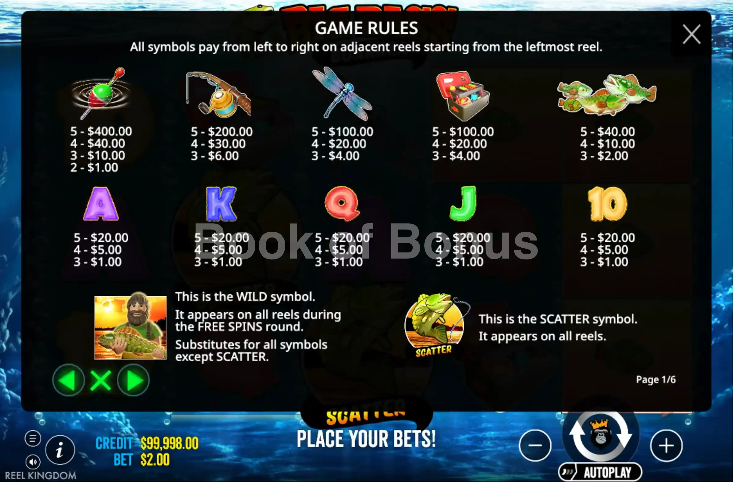 Big Bass Bonanza par Reel Kingdom - table des gains et valeurs des symboles