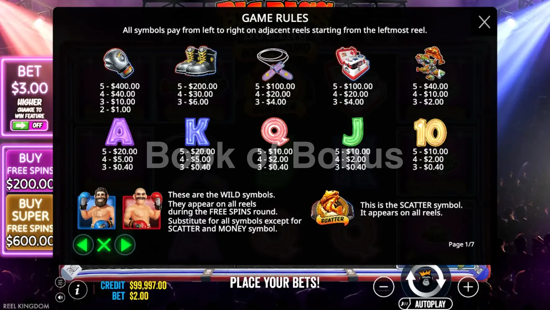 Table des gains Big Bass Boxing Bonus Round