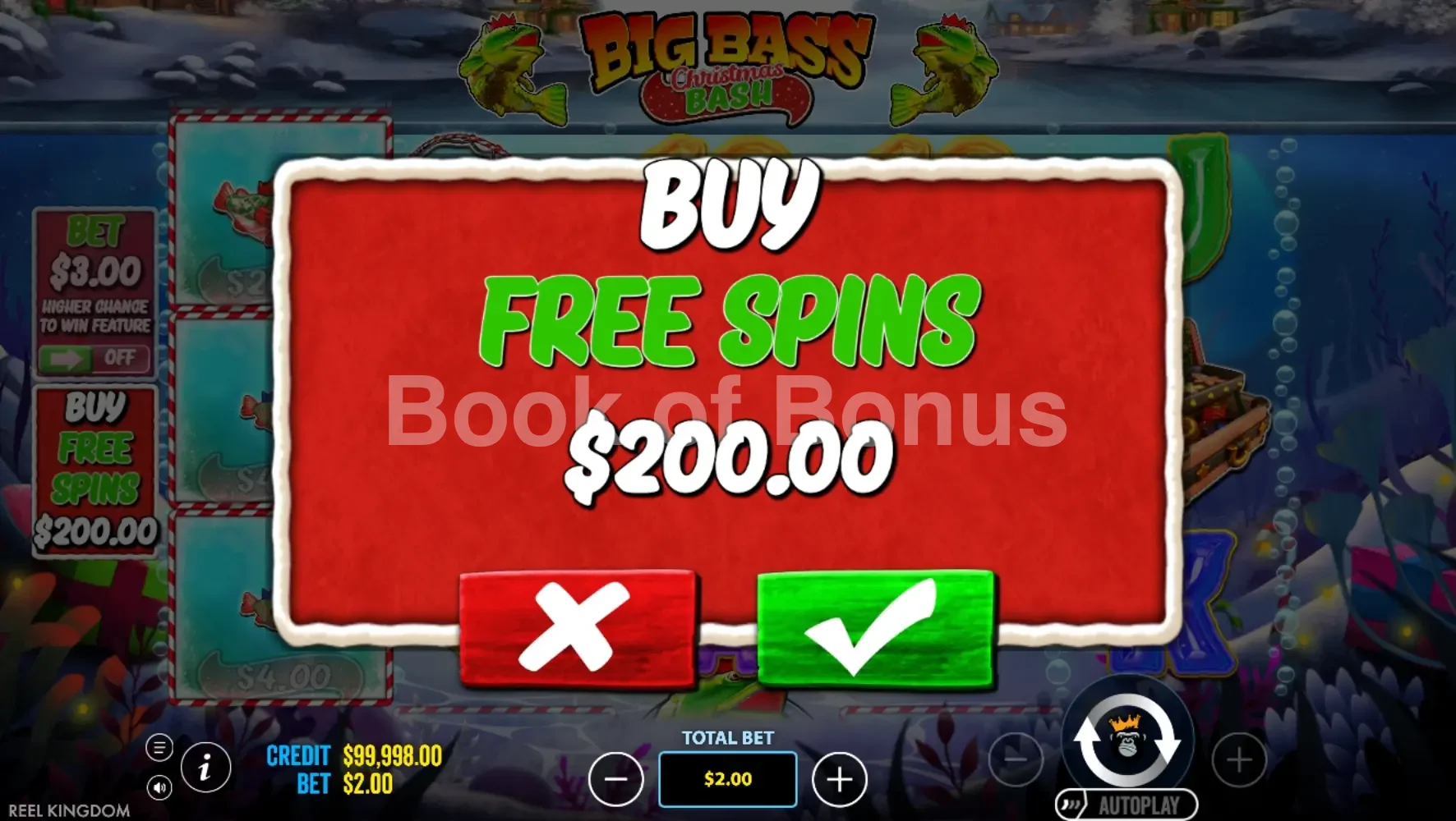 Big Bass Christmas Bash par Reel Kingdom - menu d'achat de bonus et options