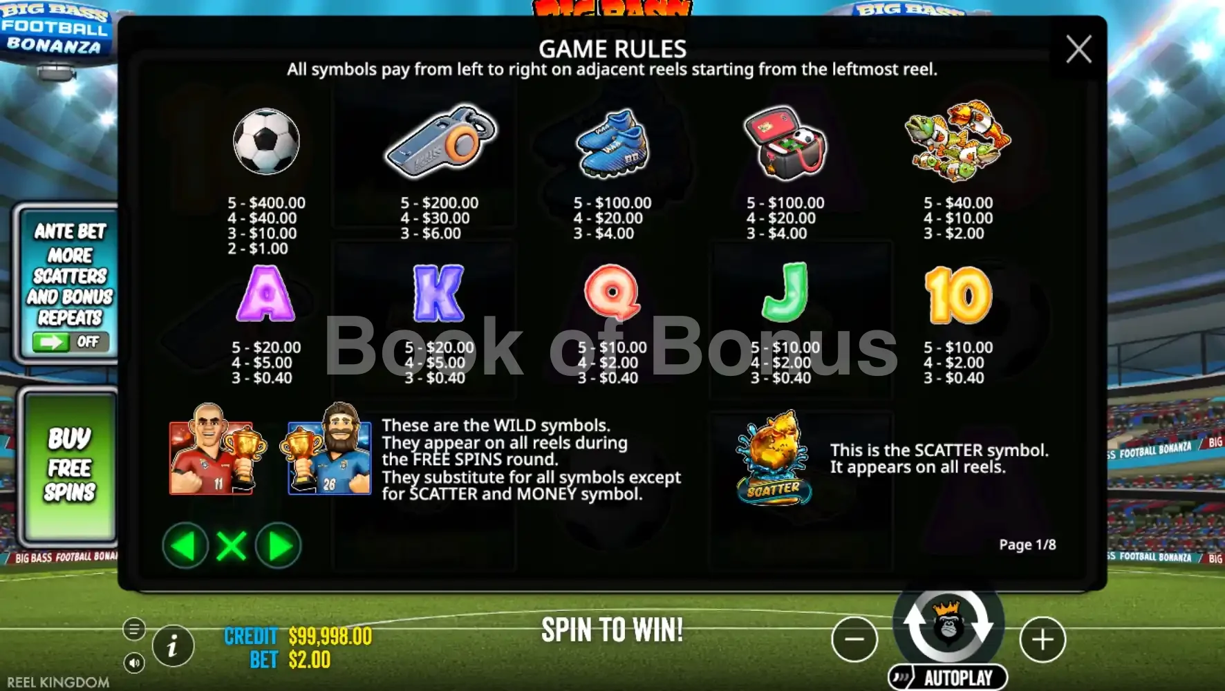 Table des gains Big Bass Football Bonanza