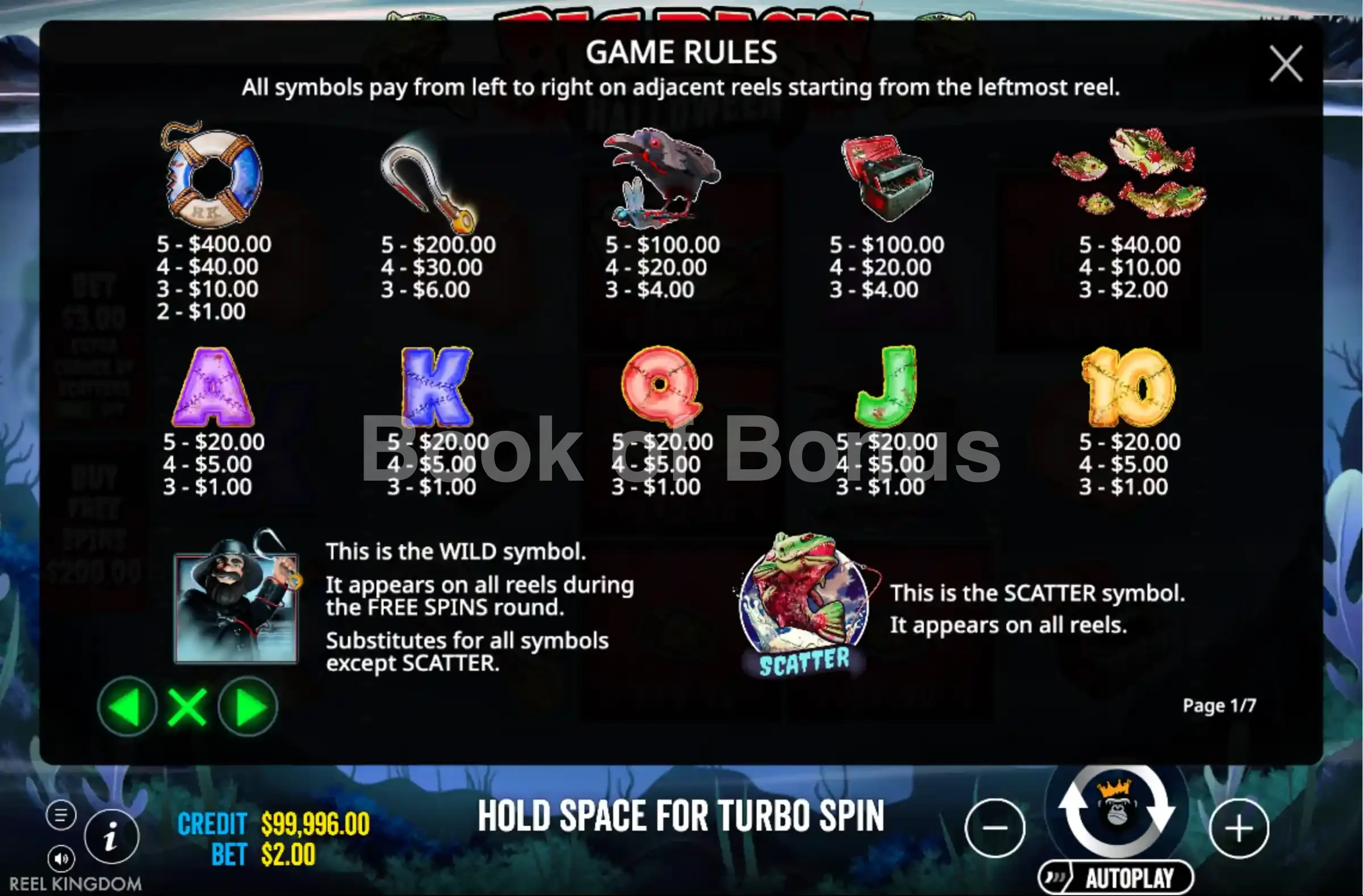 Big Bass Halloween par Reel Kingdom - table des gains et valeurs des symboles